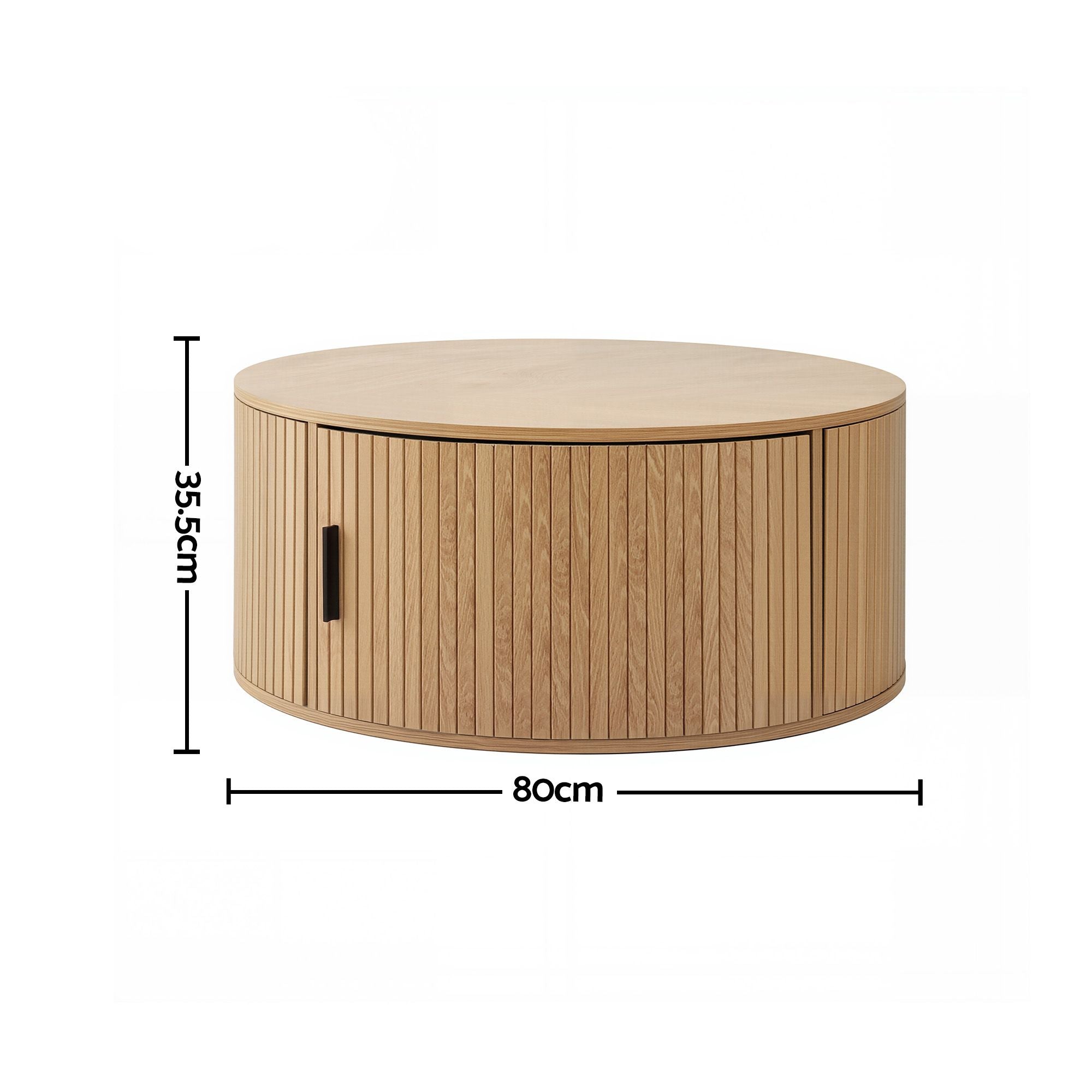 Round Coffee Table 80cm with Fluted Storage and Magnetic Door - Wood