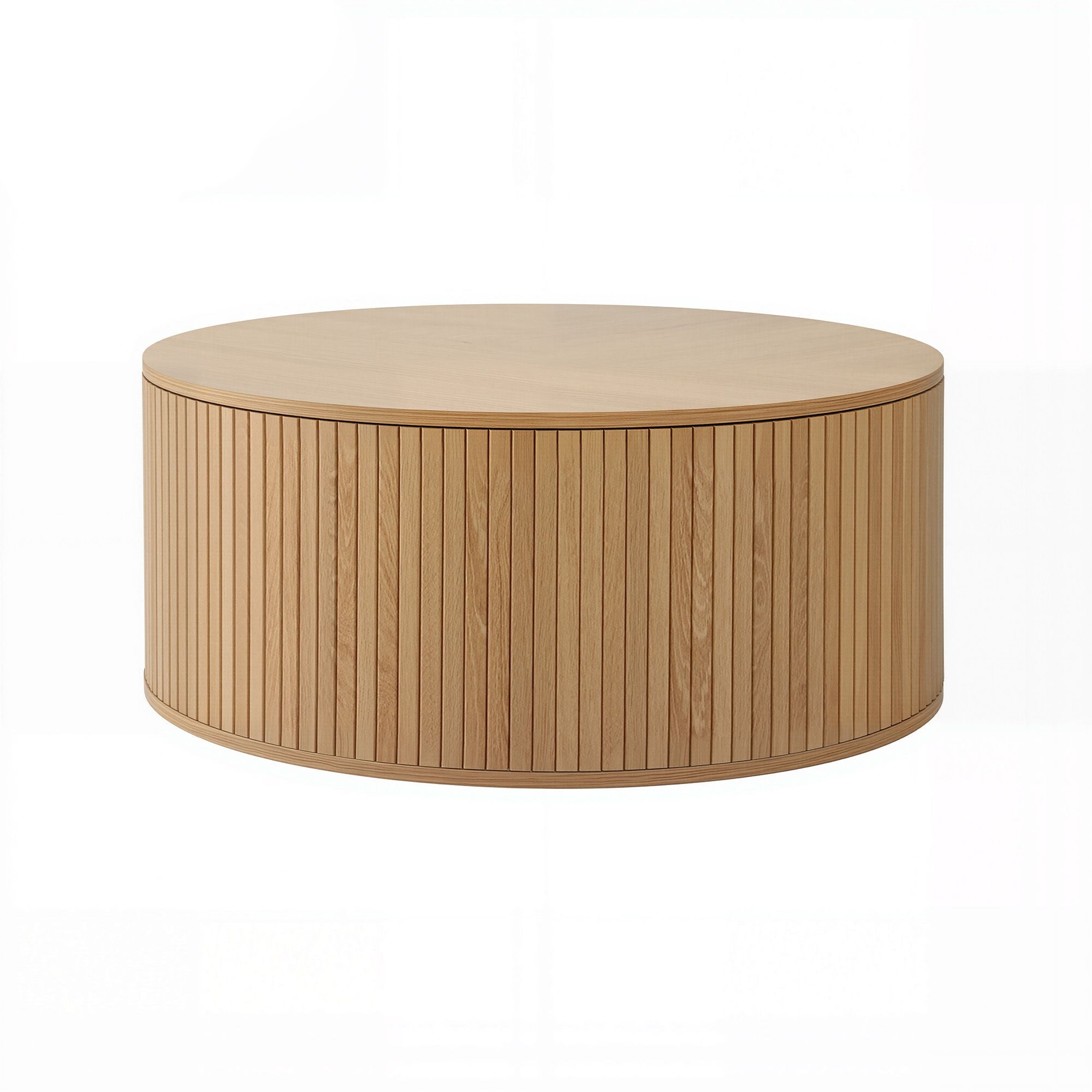 Round Coffee Table 80cm with Fluted Storage and Magnetic Door - Wood