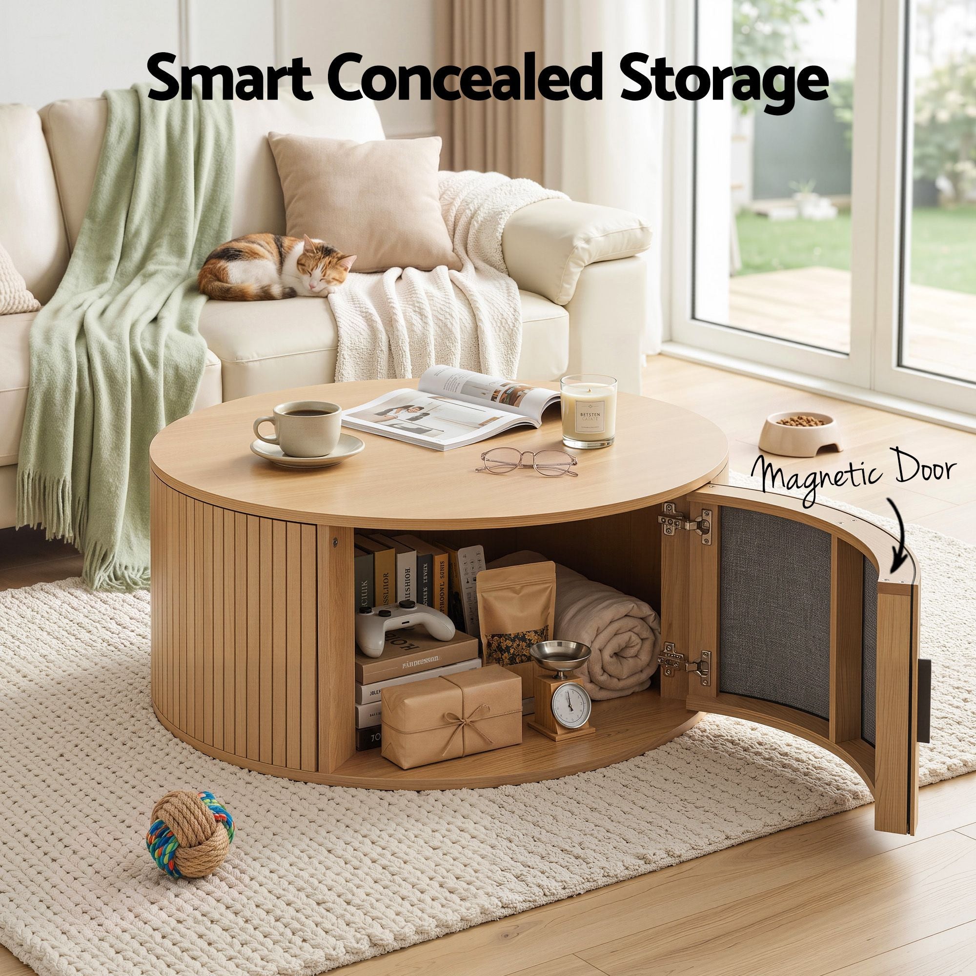 Round Coffee Table 80cm with Fluted Storage and Magnetic Door - Wood