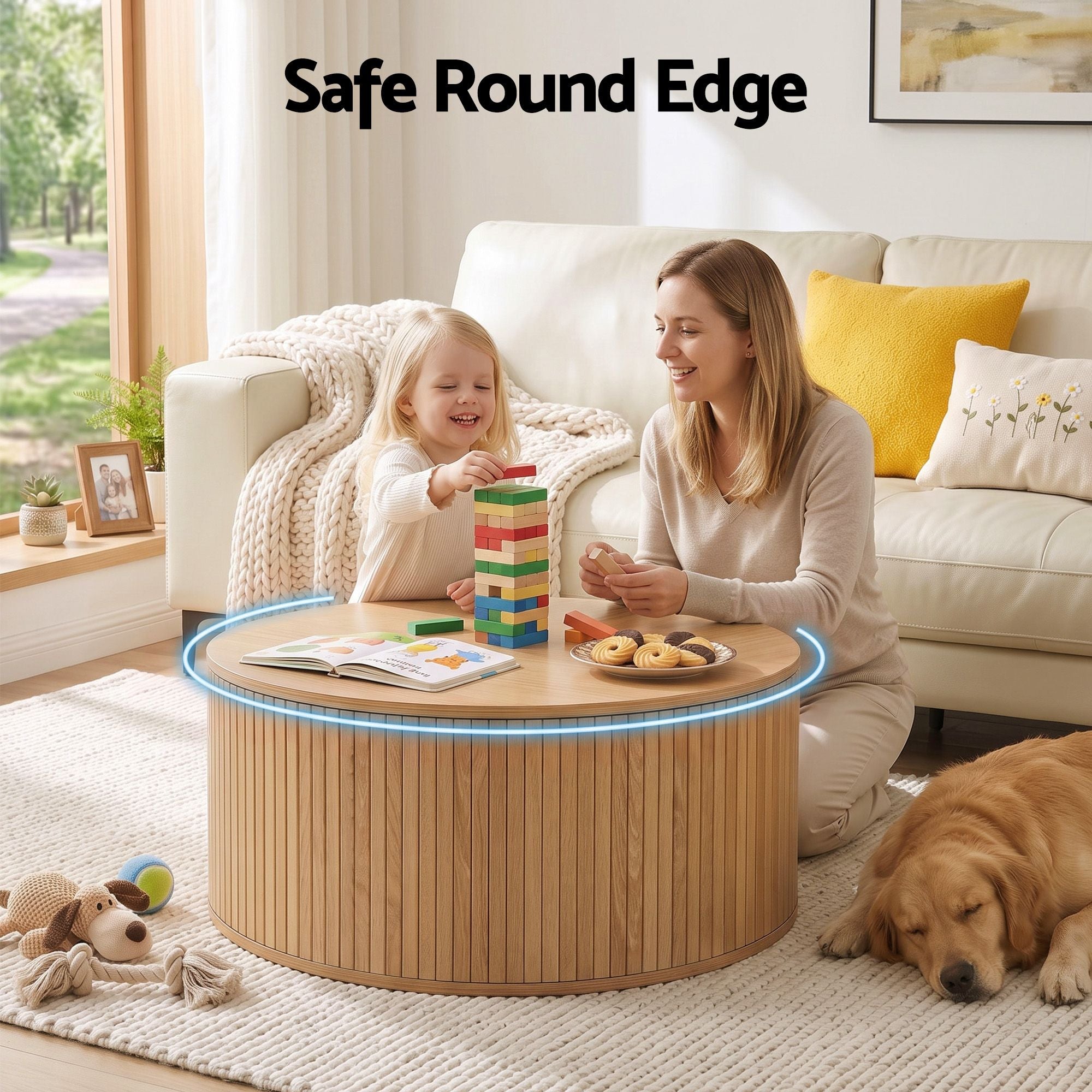 Round Coffee Table 80cm with Fluted Storage and Magnetic Door - Wood