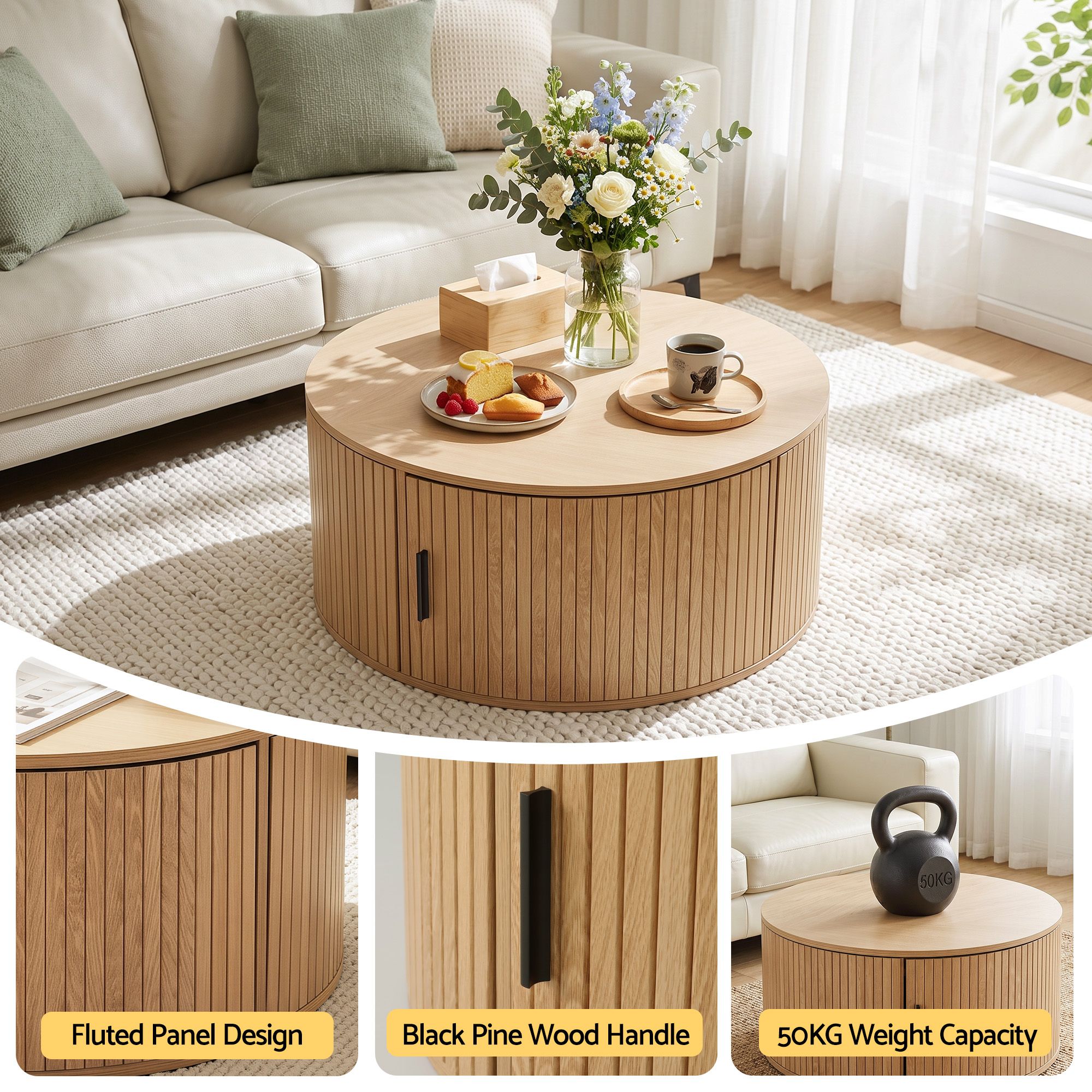 Round Coffee Table 80cm with Fluted Storage and Magnetic Door - Wood