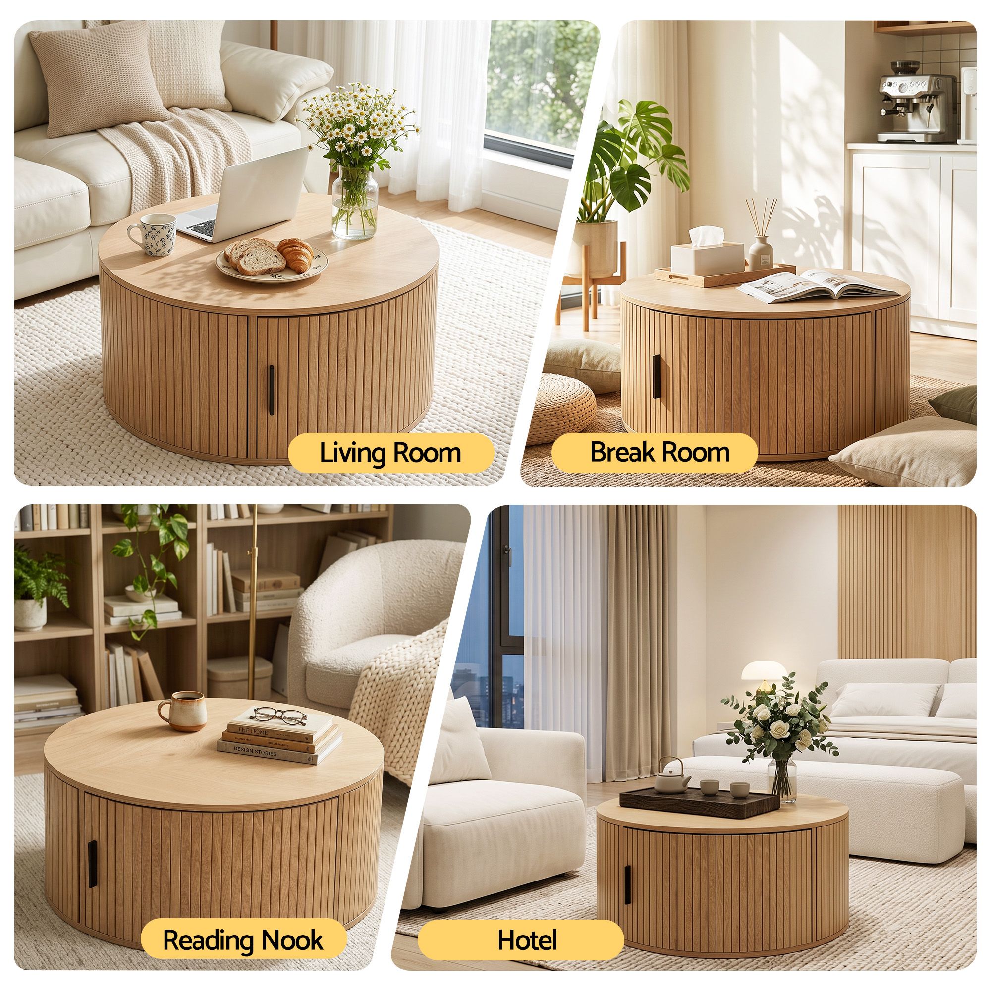 Round Coffee Table 80cm with Fluted Storage and Magnetic Door - Wood