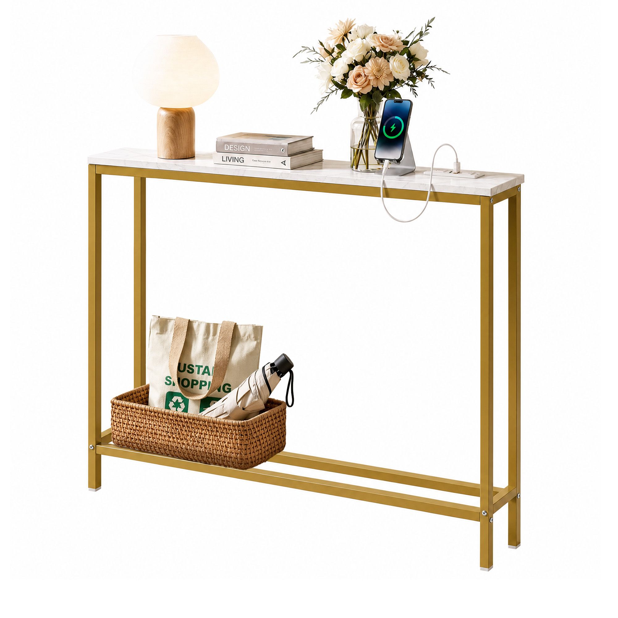 Console Table Entryway Hallway Display Desk Charging Station Marble Finish White & Gold