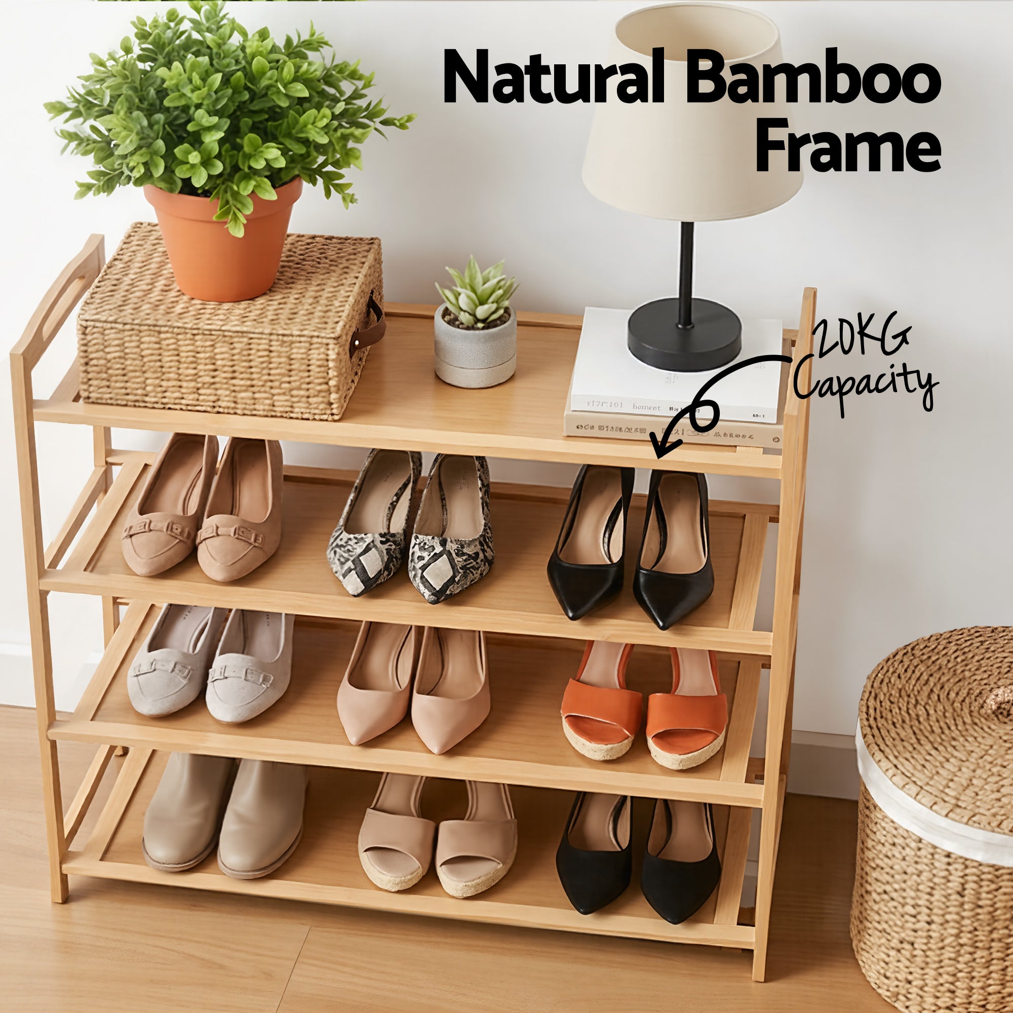 4 Tier Bamboo Shoe Rack Storage Organiser - Pine