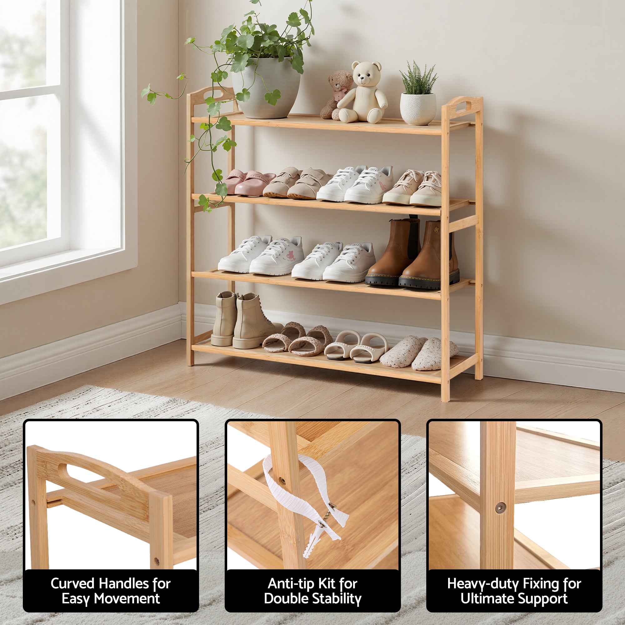 4 Tier Bamboo Shoe Rack Storage Organiser - Pine
