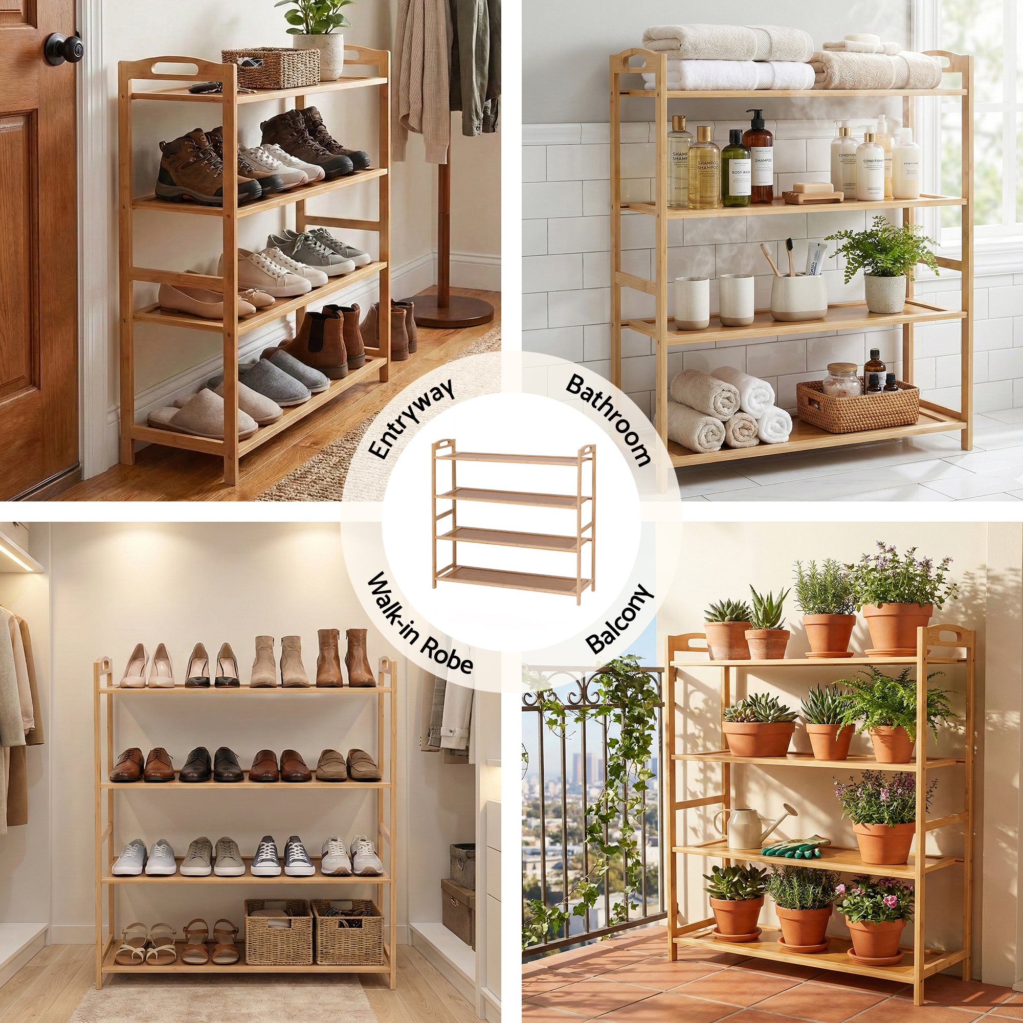 4 Tier Bamboo Shoe Rack Storage Organiser - Pine