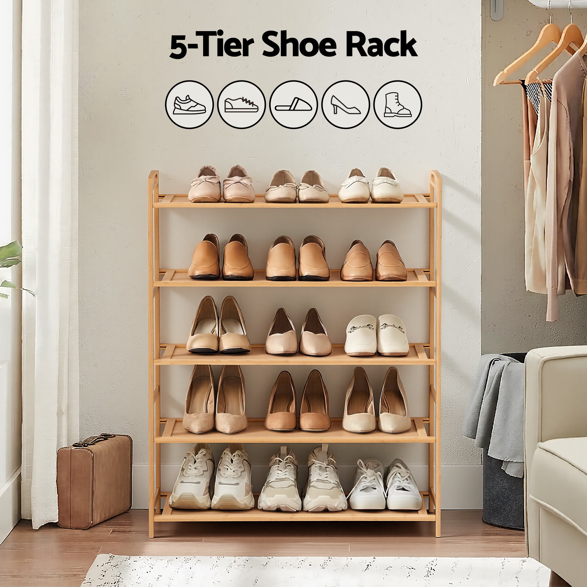 5 Tier Bamboo Shoe Rack Storage Organiser - Pine