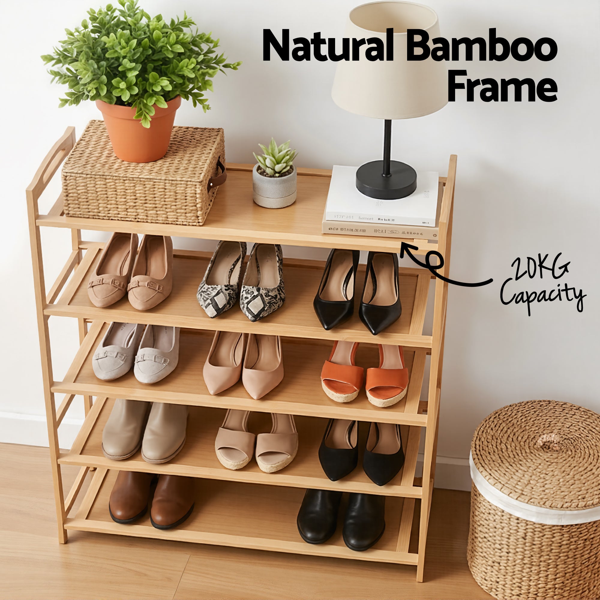 5 Tier Bamboo Shoe Rack Storage Organiser - Pine