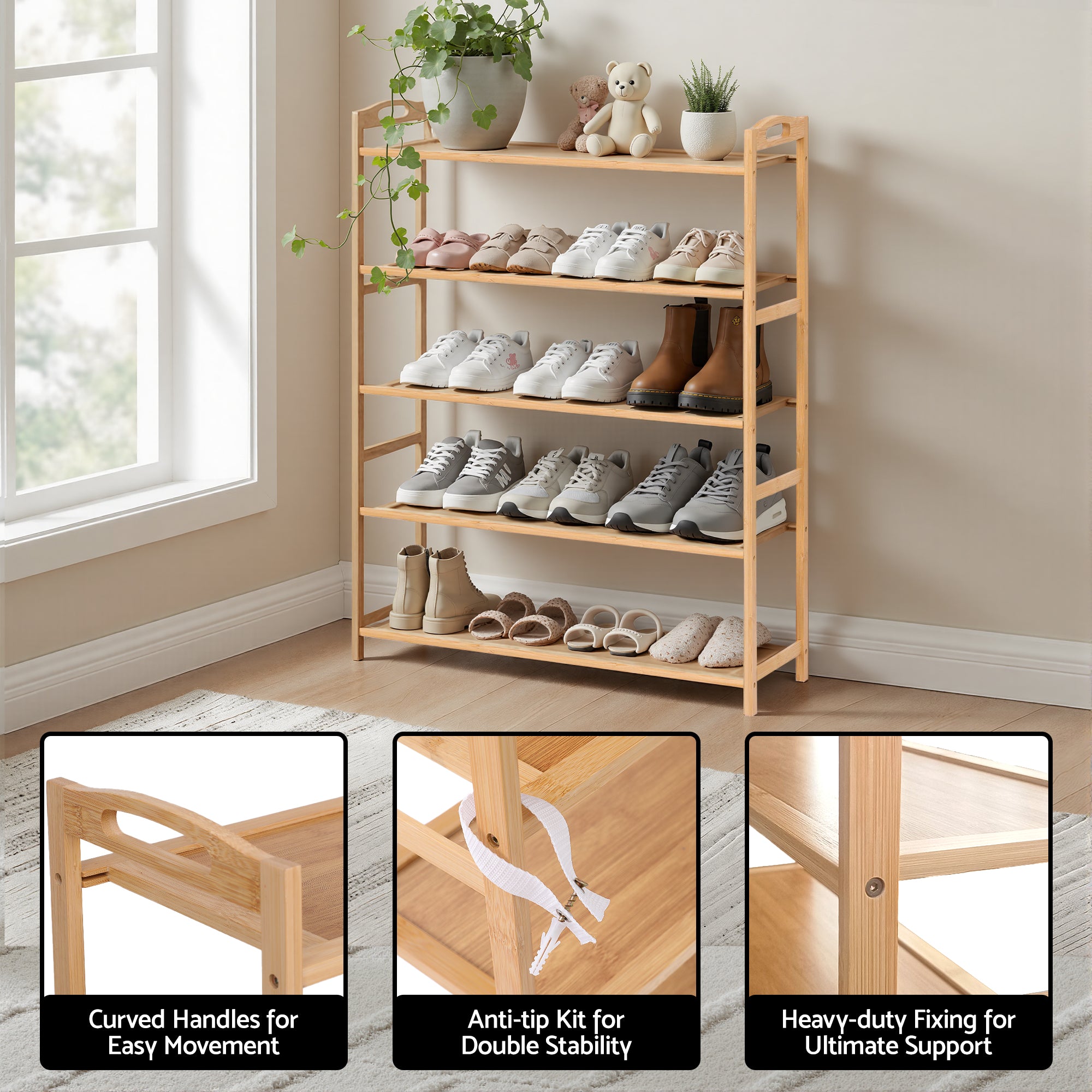 5 Tier Bamboo Shoe Rack Storage Organiser - Pine