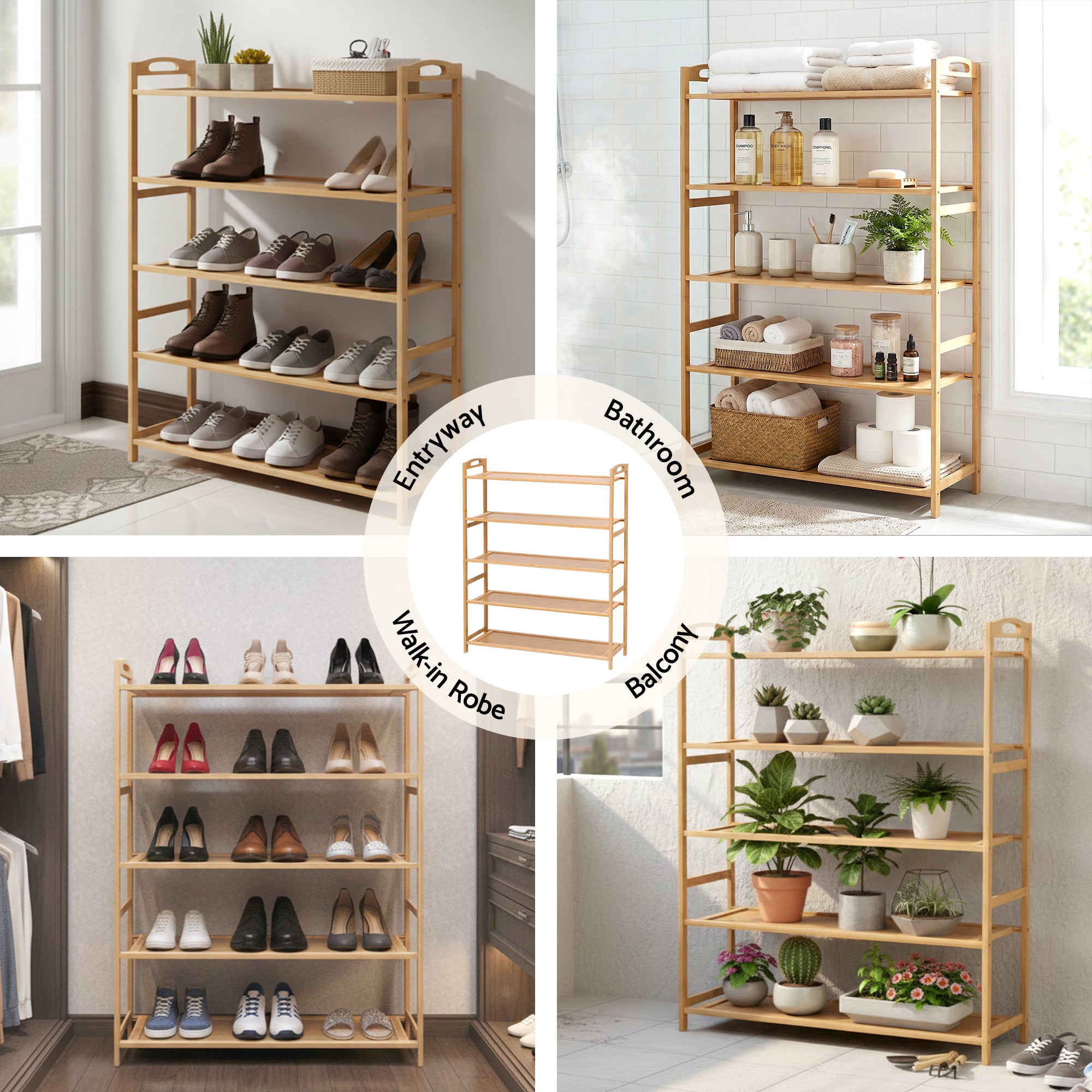 5 Tier Bamboo Shoe Rack Storage Organiser - Pine