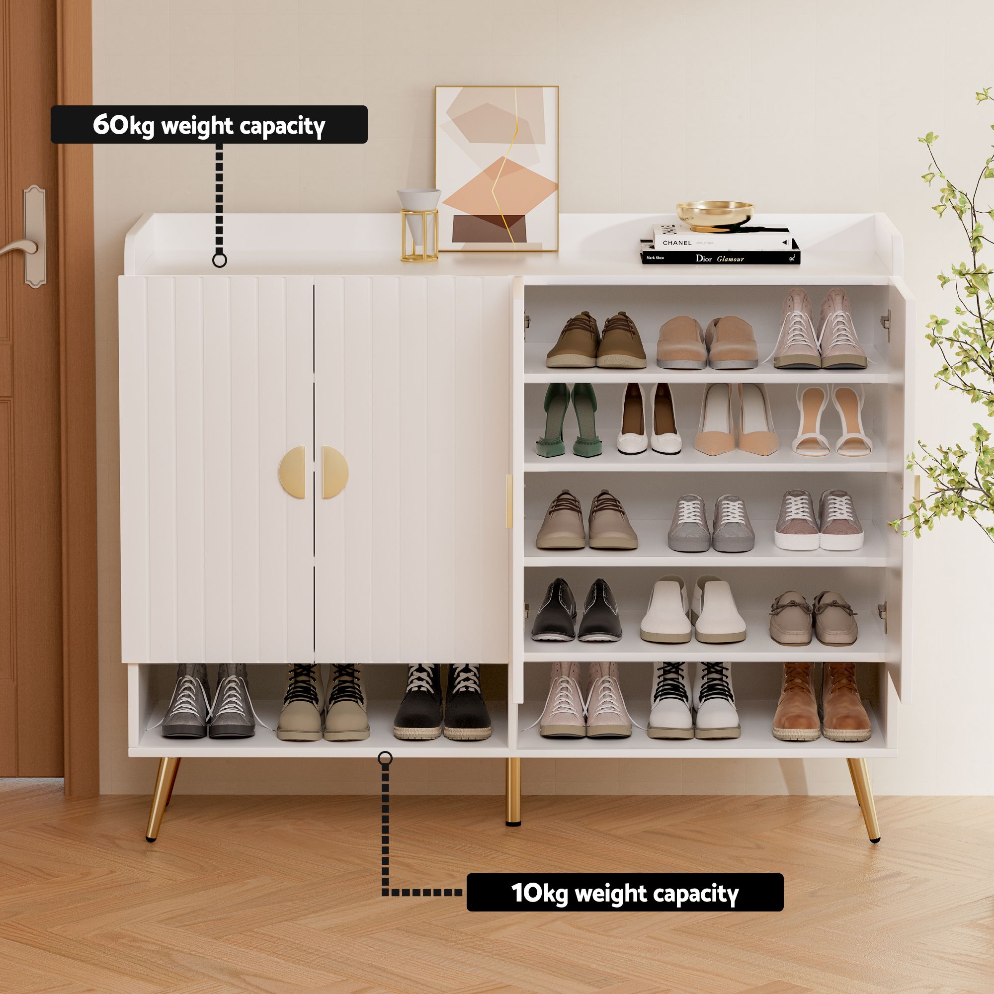 Shoe Cabinet Bench Set Adjustable Shelf Hallway Living Room White