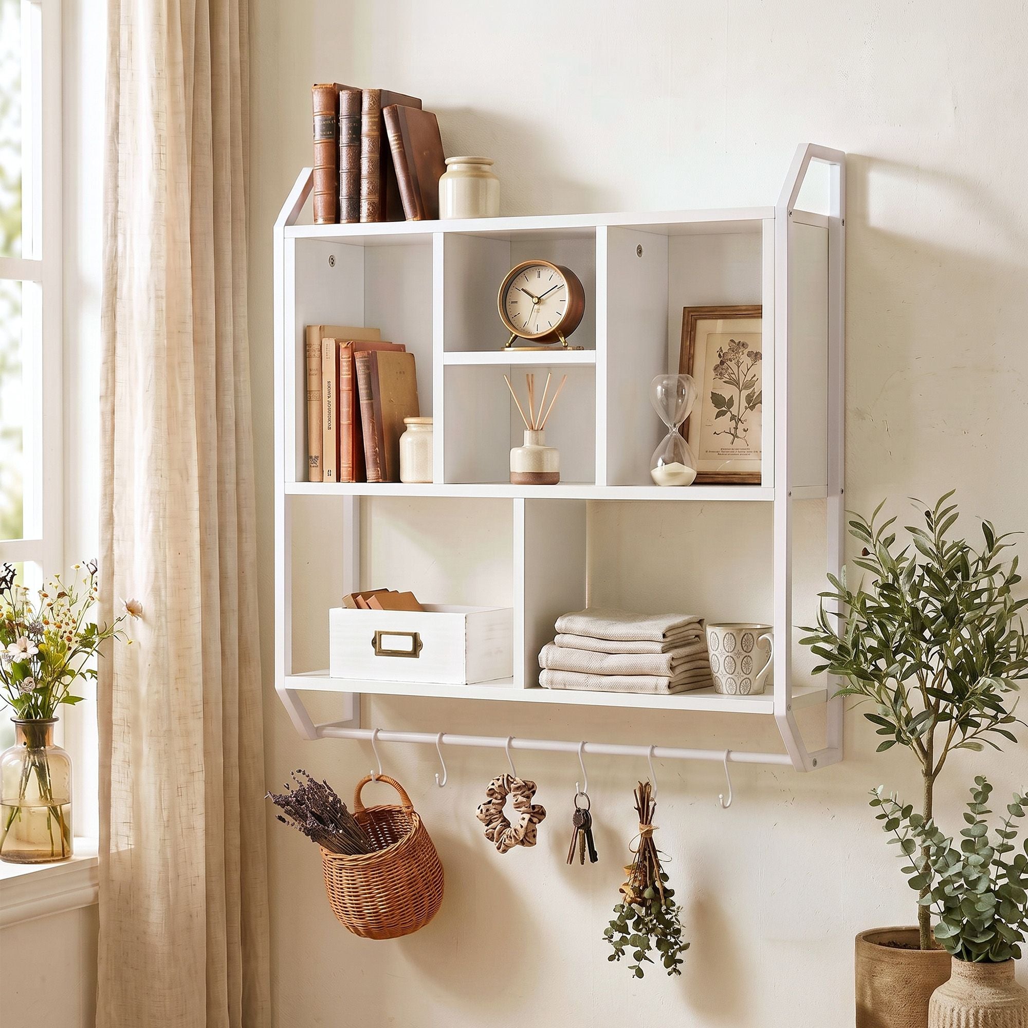 Floating Wall Shelf 6 Hooks Wall Mounted Storage Cubby Rack 73.5x74CM White