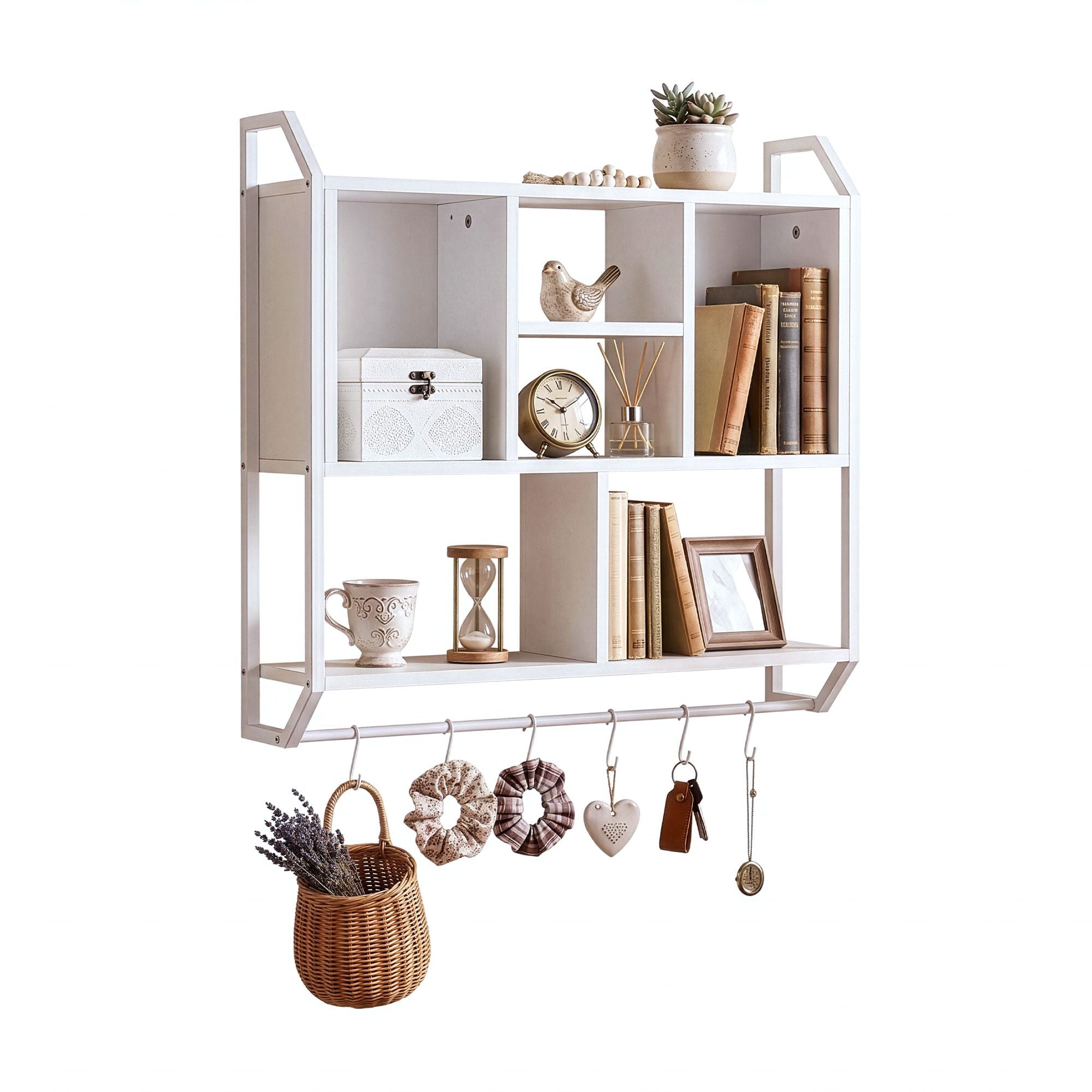 Floating Wall Shelf 6 Hooks Wall Mounted Storage Cubby Rack 73.5x74CM White