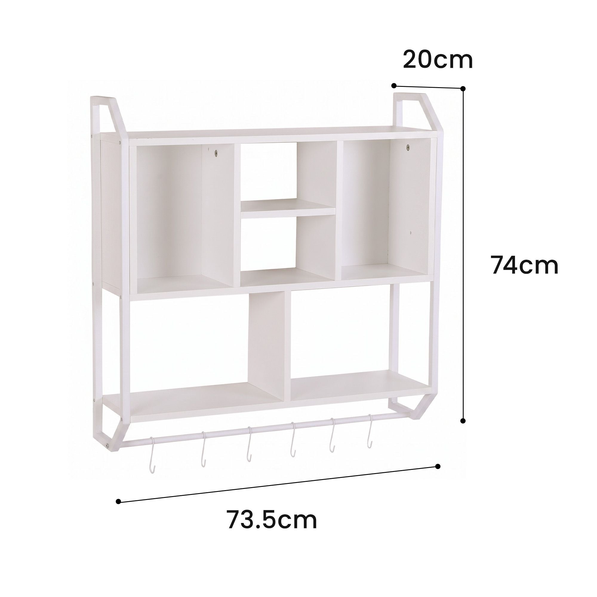 Floating Wall Shelf 6 Hooks Wall Mounted Storage Cubby Rack 73.5x74CM White
