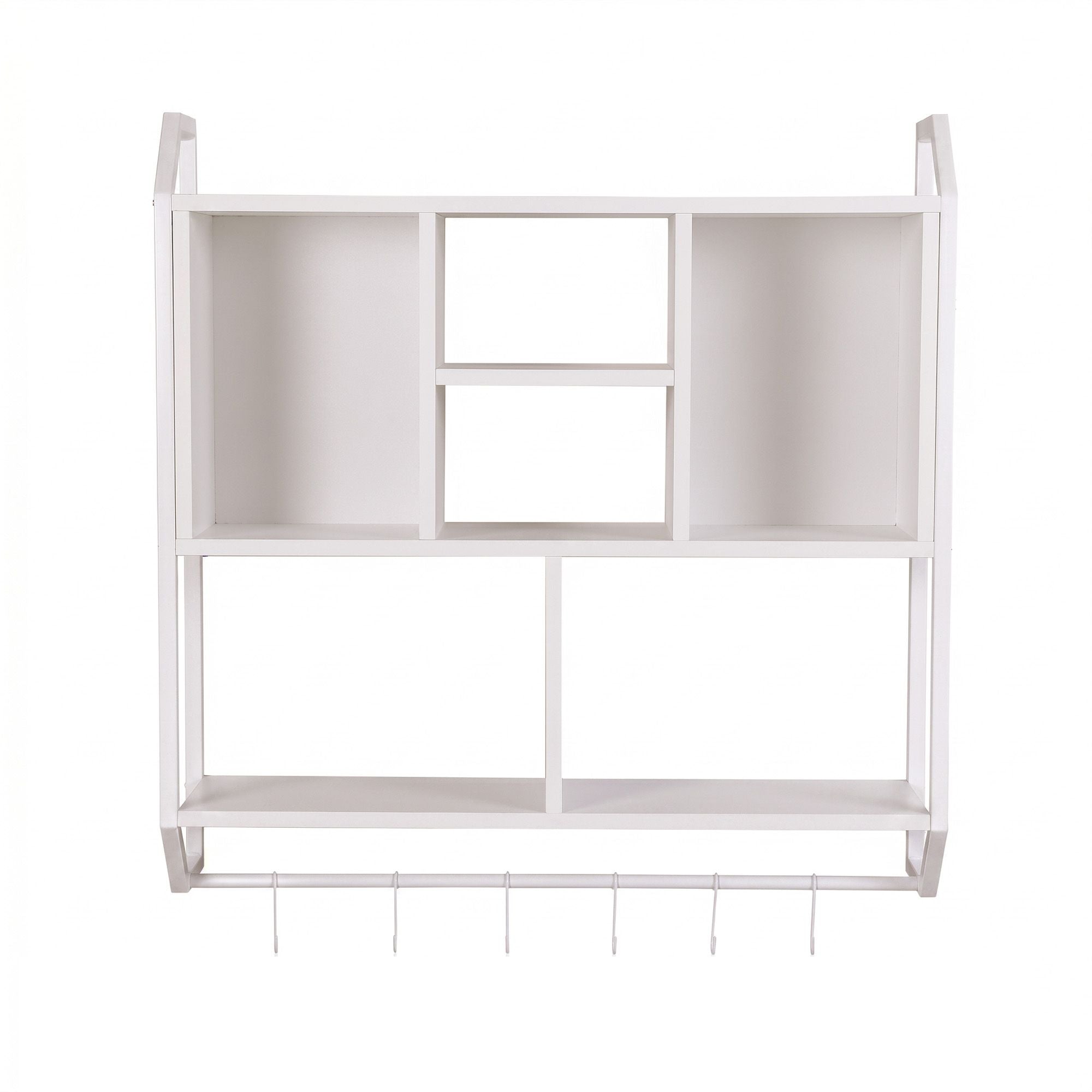 Floating Wall Shelf 6 Hooks Wall Mounted Storage Cubby Rack 73.5x74CM White