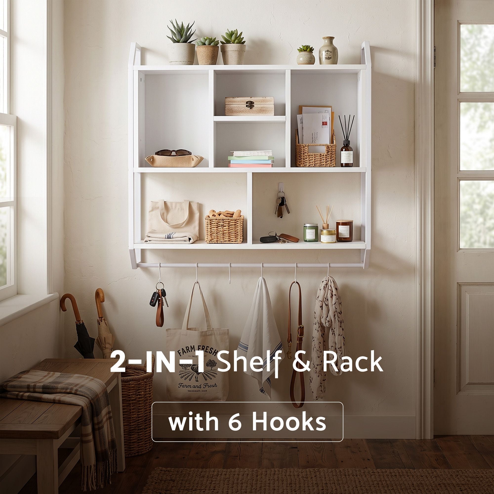 Floating Wall Shelf 6 Hooks Wall Mounted Storage Cubby Rack 73.5x74CM White