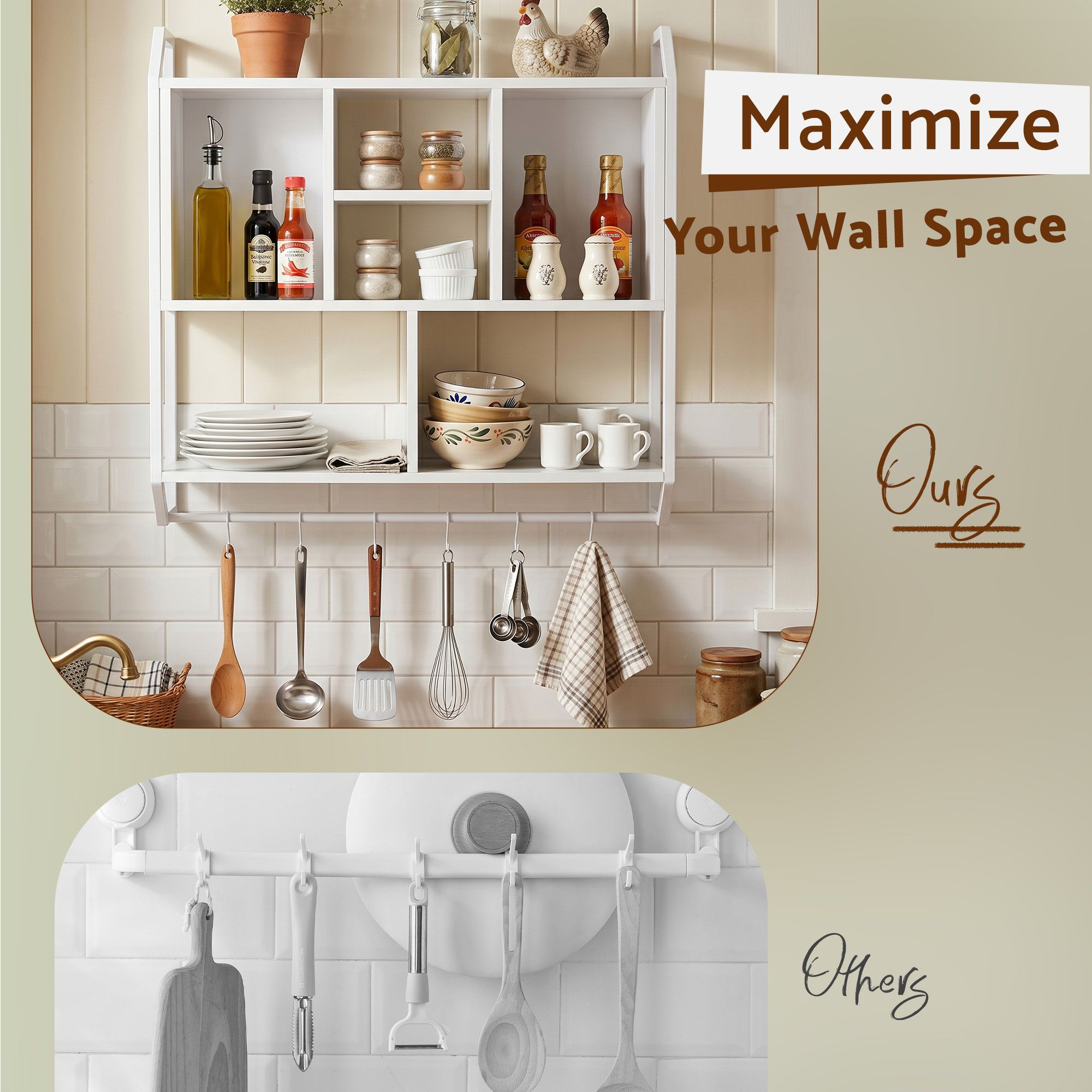 Floating Wall Shelf 6 Hooks Wall Mounted Storage Cubby Rack 73.5x74CM White