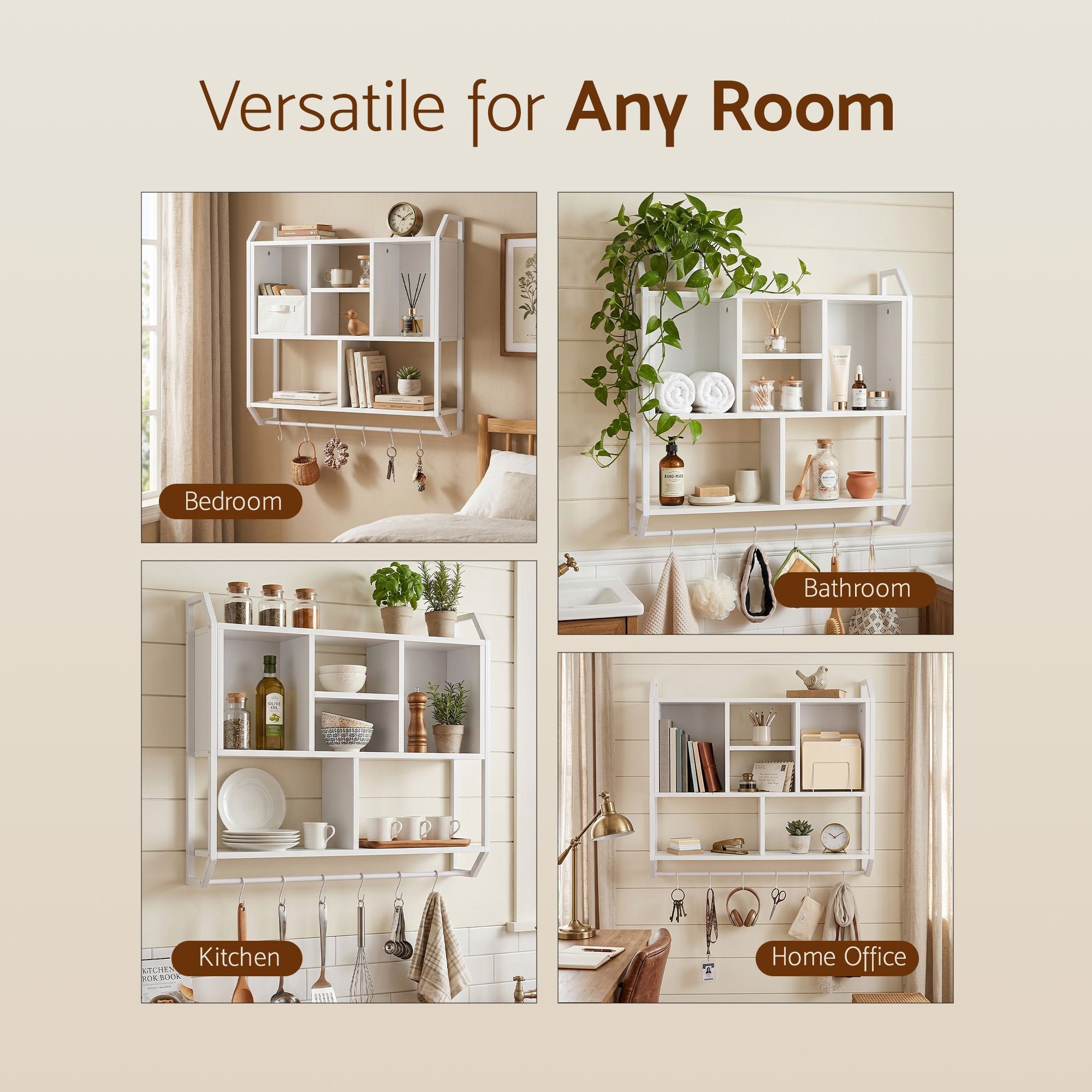 Floating Wall Shelf 6 Hooks Wall Mounted Storage Cubby Rack 73.5x74CM White