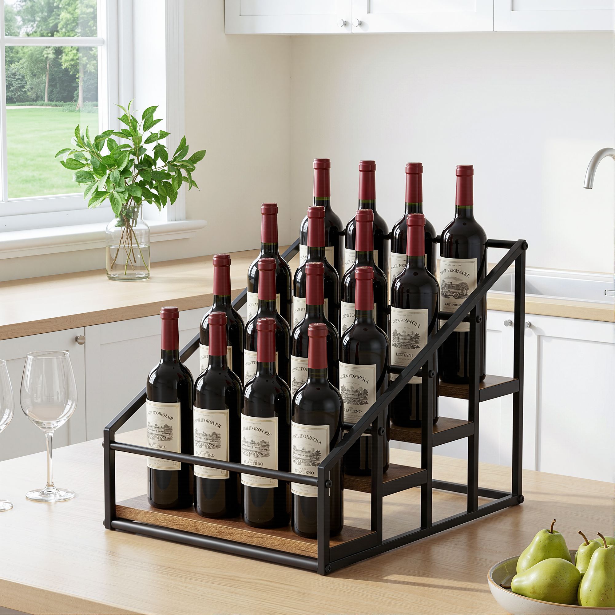 4-Tier Wine Rack Tabletop Countertop Wine Bottle Holder 16 Bottles Freestanding Black & Wood