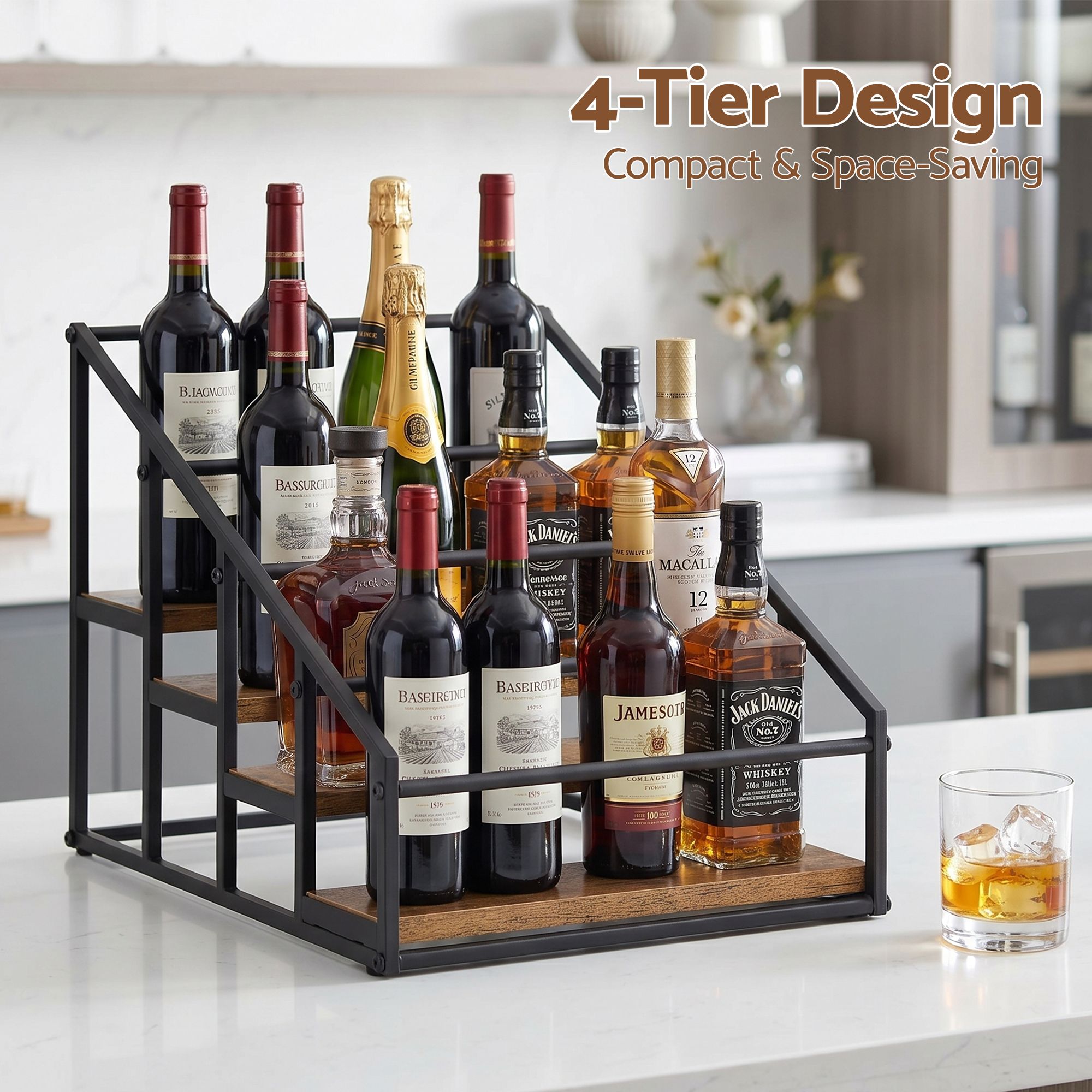 4-Tier Wine Rack Tabletop Countertop Wine Bottle Holder 16 Bottles Freestanding Black & Wood