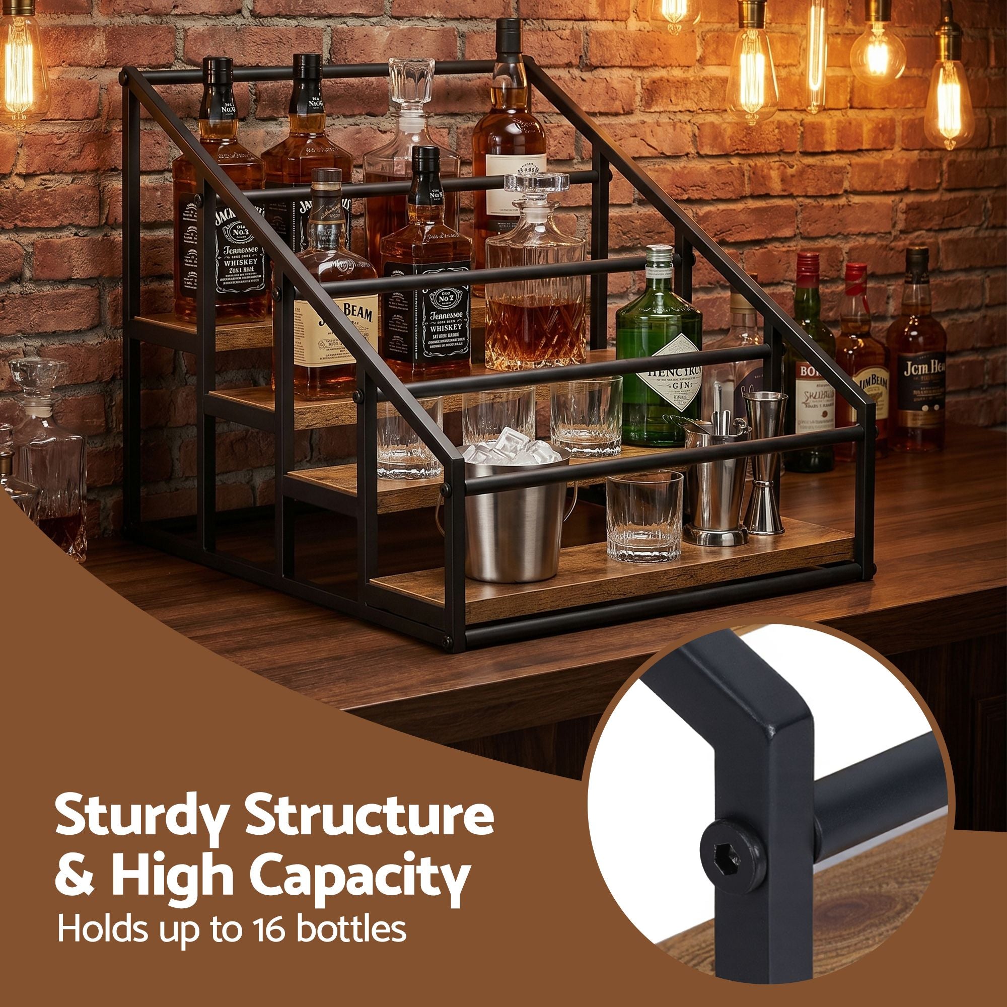 4-Tier Wine Rack Tabletop Countertop Wine Bottle Holder 16 Bottles Freestanding Black & Wood