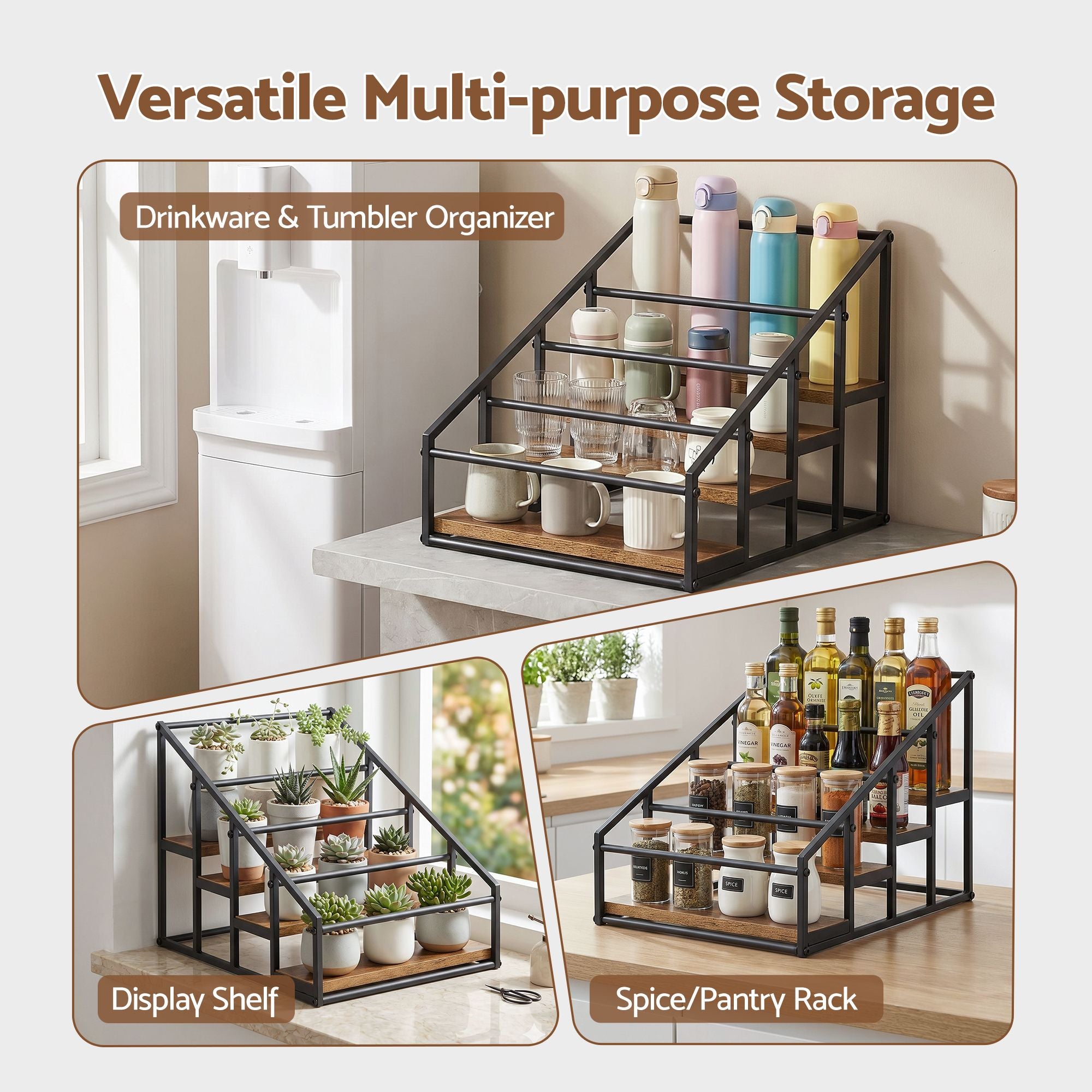 4-Tier Wine Rack Tabletop Countertop Wine Bottle Holder 16 Bottles Freestanding Black & Wood