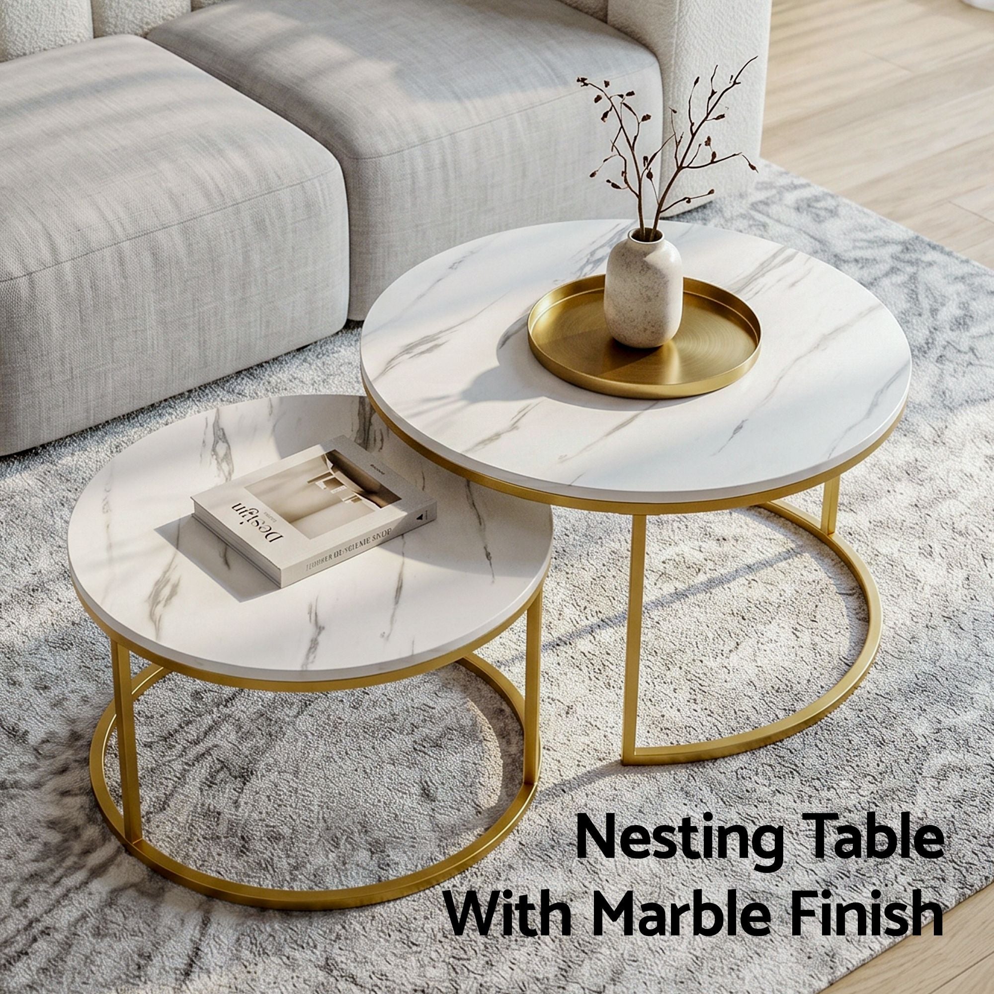 Nesting Coffee Table Set of 2 Round Marble Effect 70/50cm White & Gold
