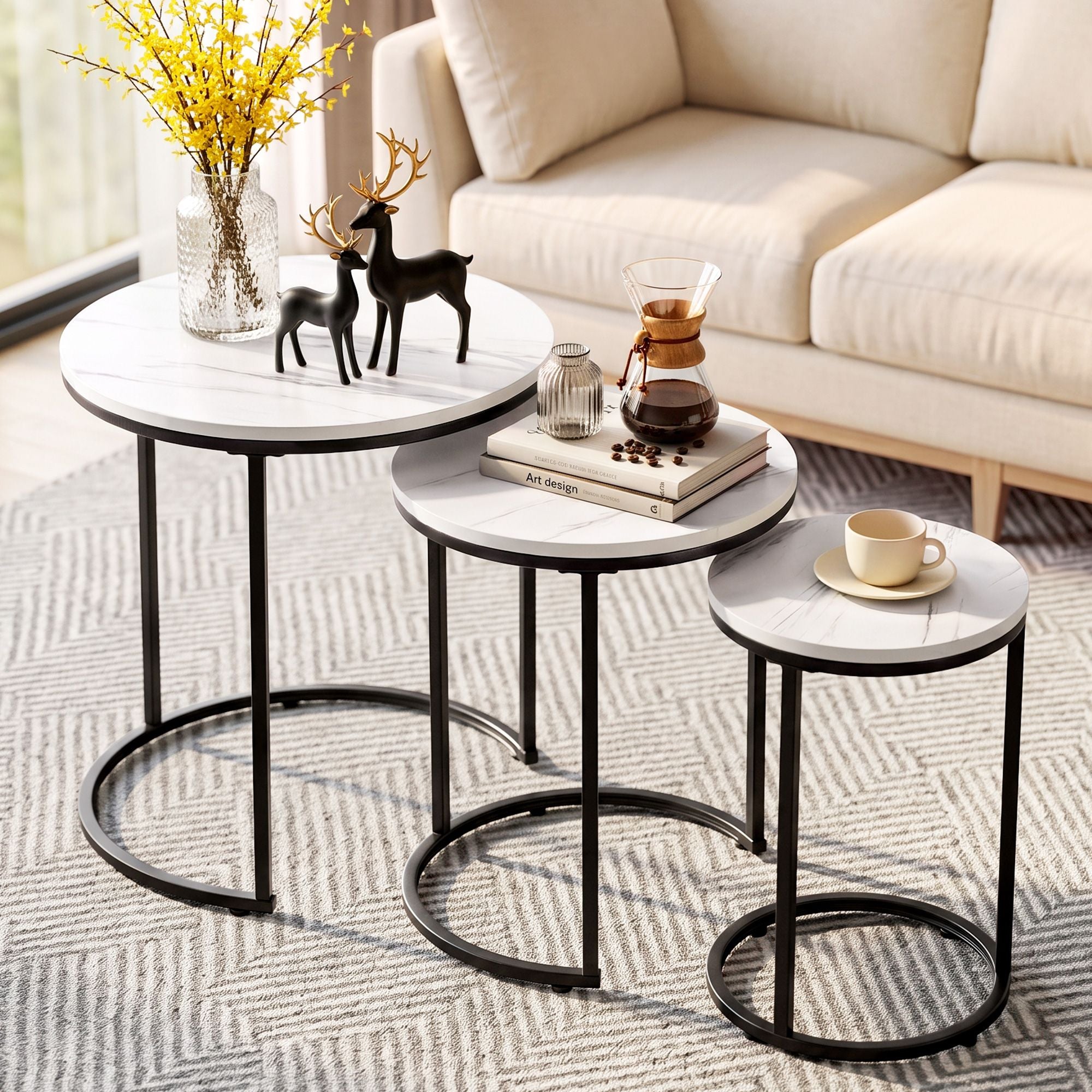 Nesting Coffee Table Set of 3 Round Stackable Side End Tables Marble Finish White