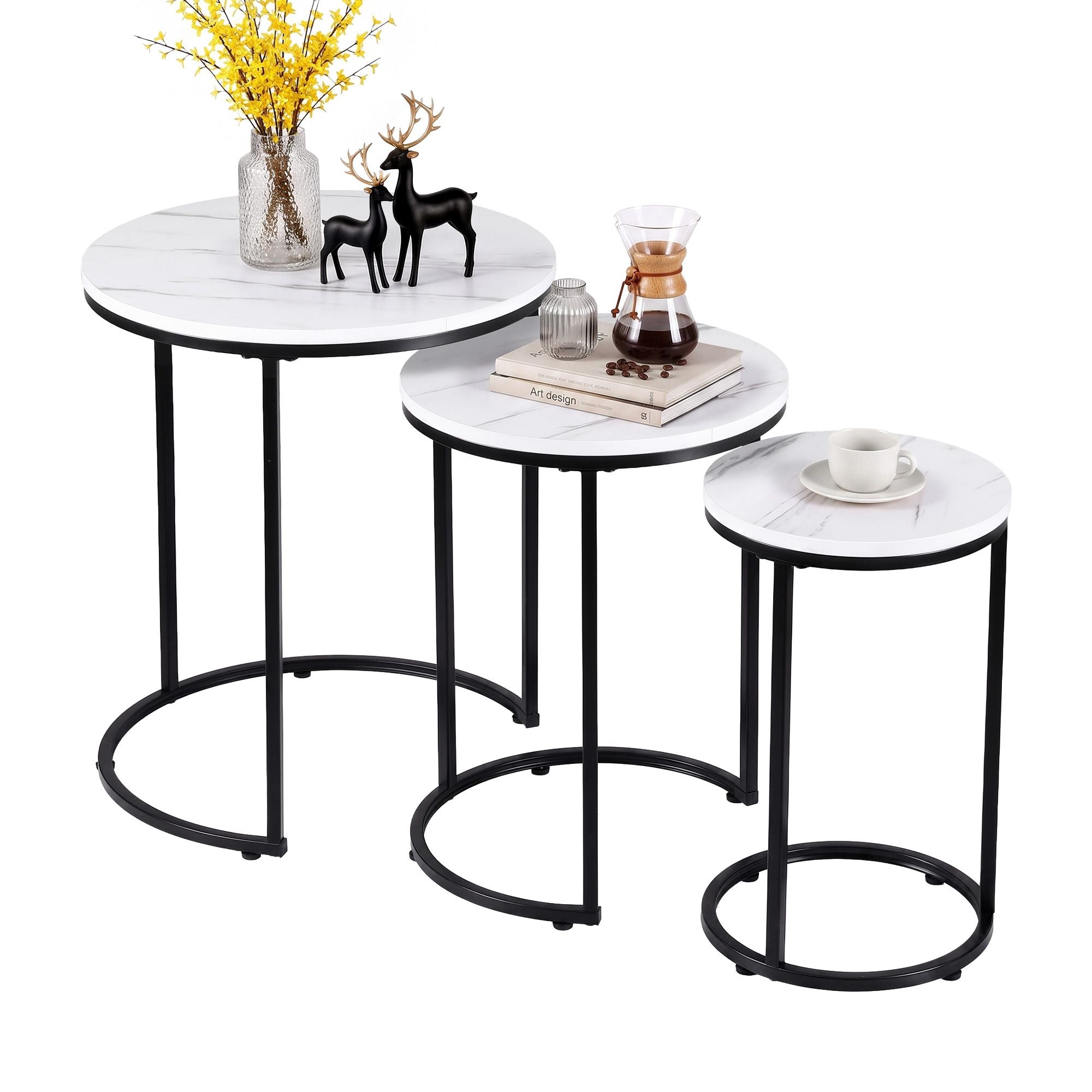 Nesting Coffee Table Set of 3 Round Stackable Side End Tables Marble Finish White