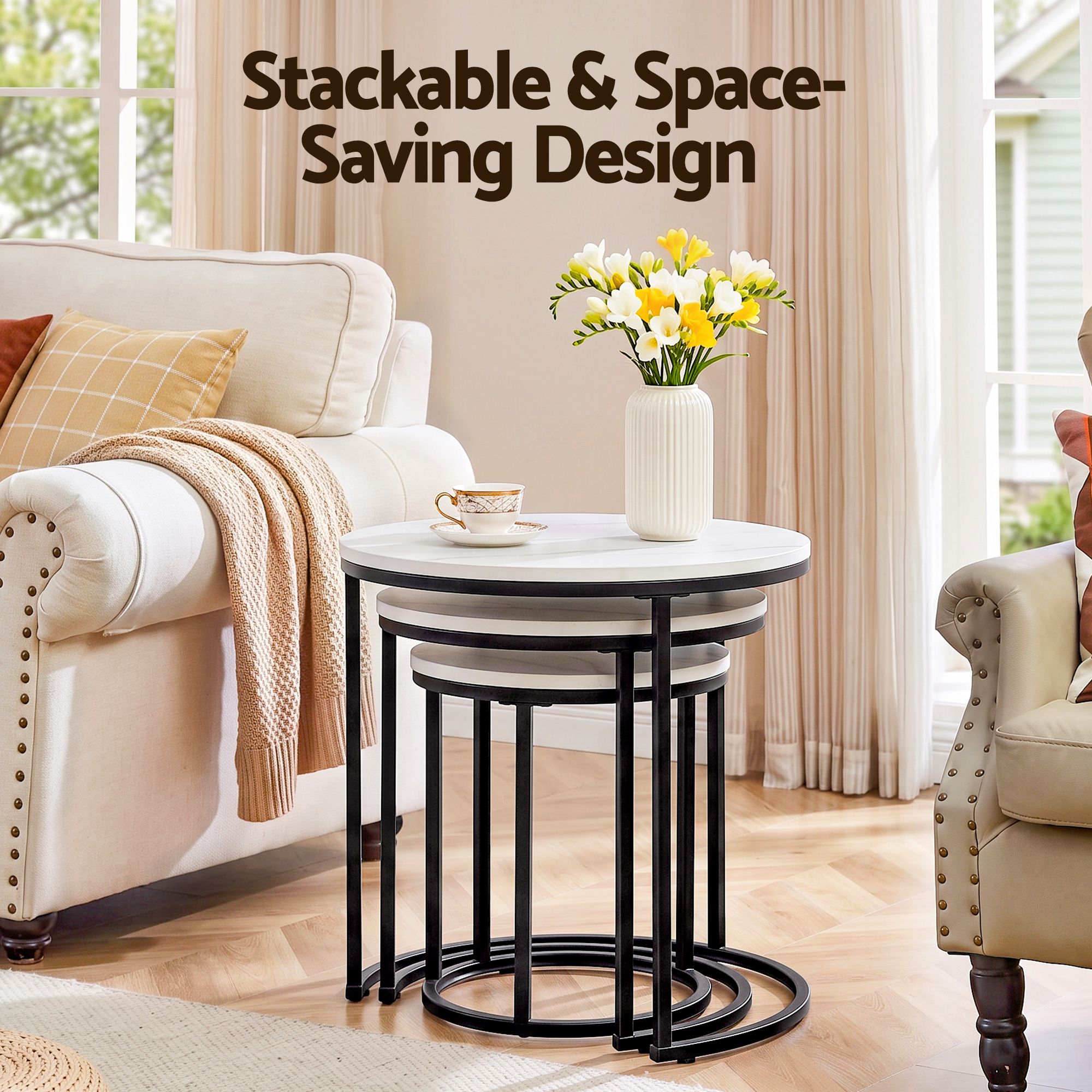 Nesting Coffee Table Set of 3 Round Stackable Side End Tables Marble Finish White