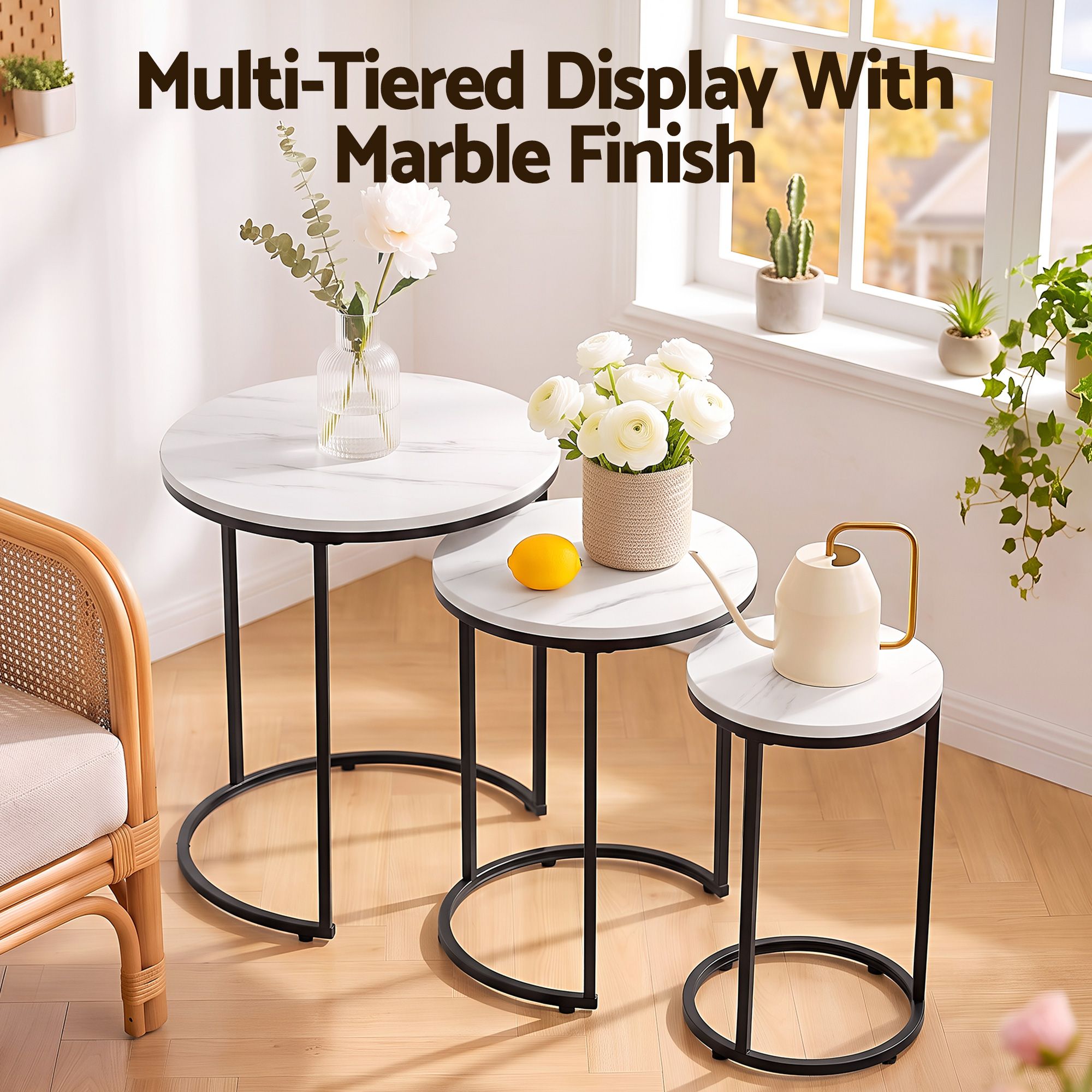 Nesting Coffee Table Set of 3 Round Stackable Side End Tables Marble Finish White