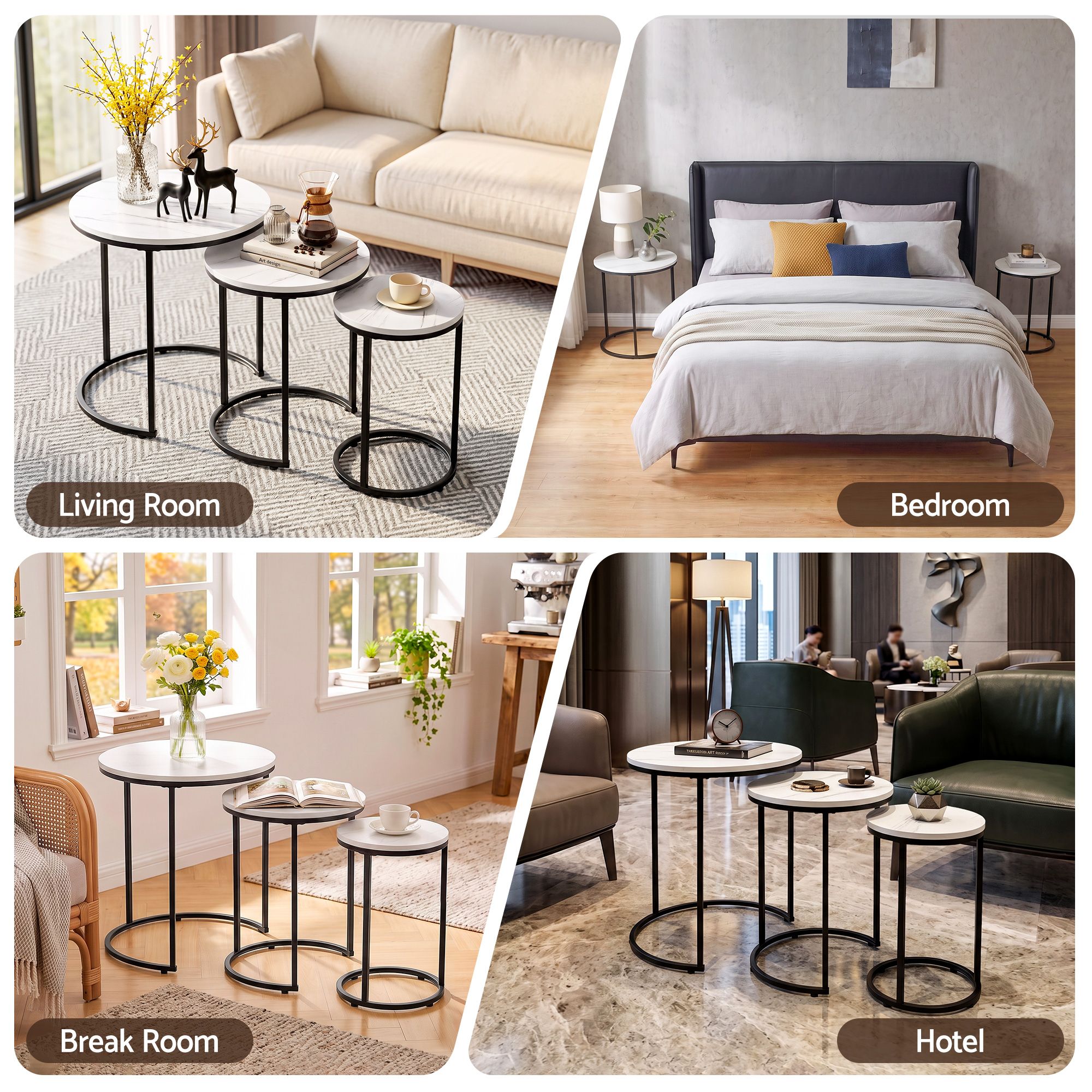 Nesting Coffee Table Set of 3 Round Stackable Side End Tables Marble Finish White