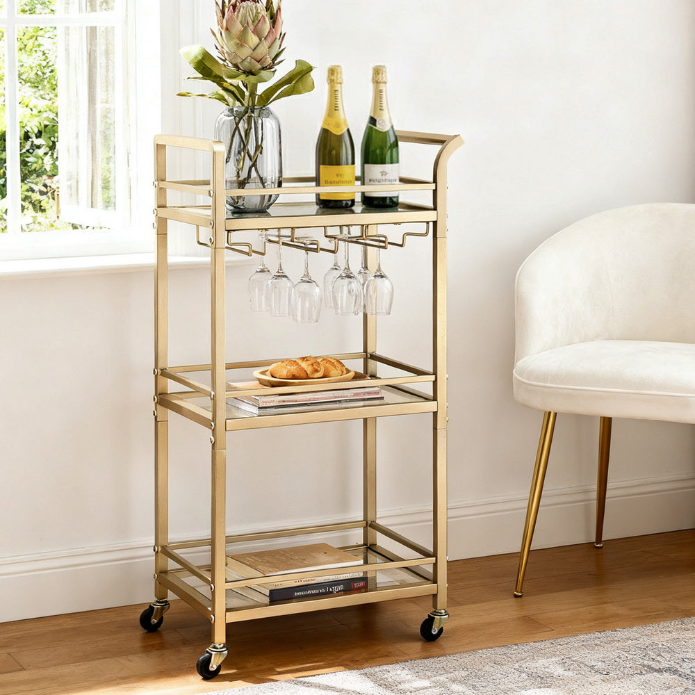 Kitchen Island Cart Trolley Rolling Serving Storage Wine Glass 43cm Gold