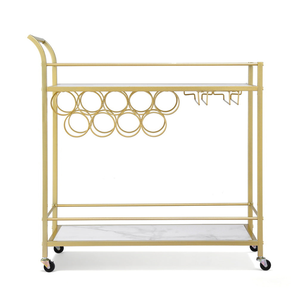 Bar Cart Drinks Trolley Serving Wine Rack Glass Holder Marble 85cm Gold