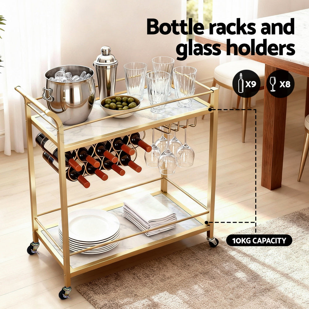 Bar Cart Drinks Trolley Serving Wine Rack Glass Holder Marble 85cm Gold