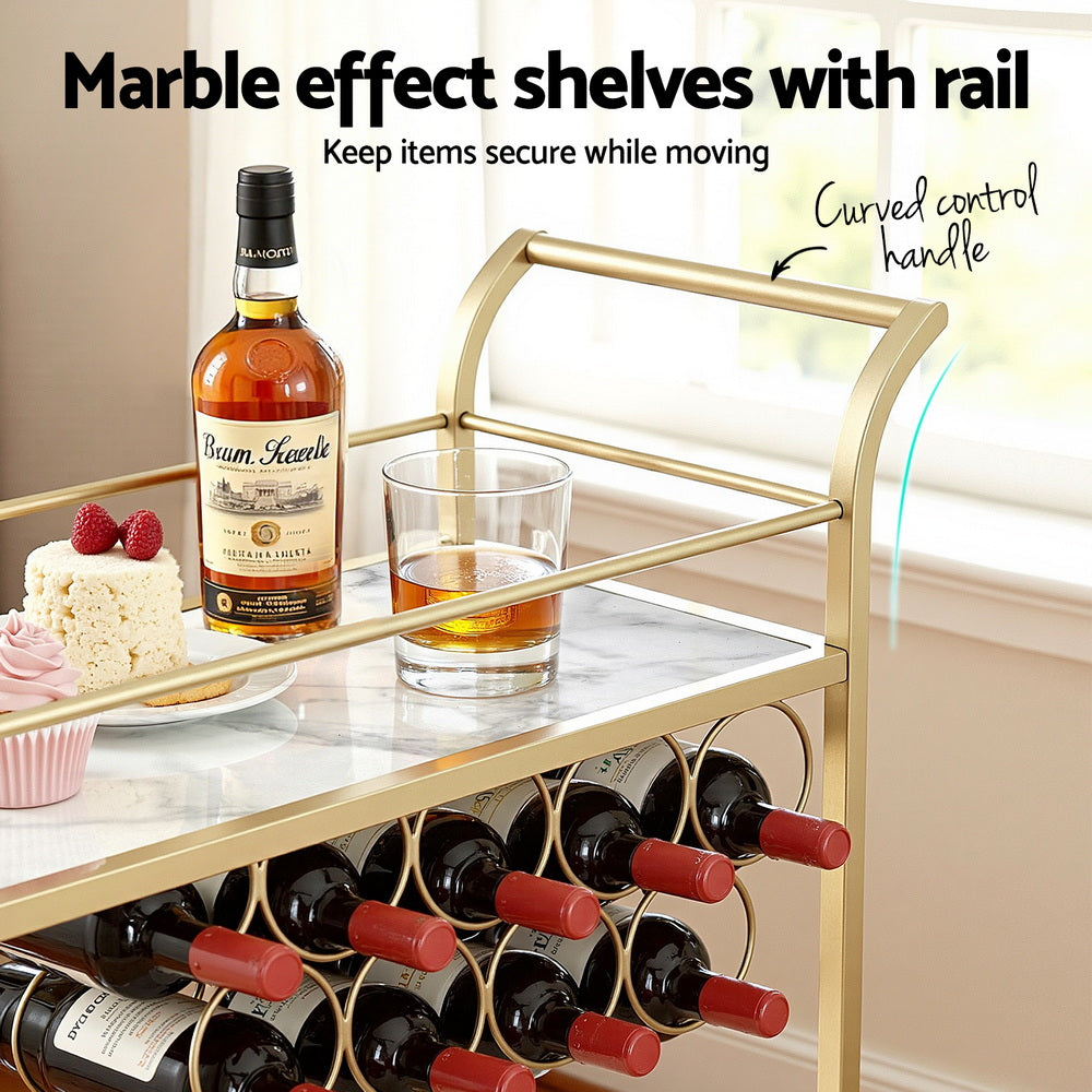 Bar Cart Drinks Trolley Serving Wine Rack Glass Holder Marble 85cm Gold