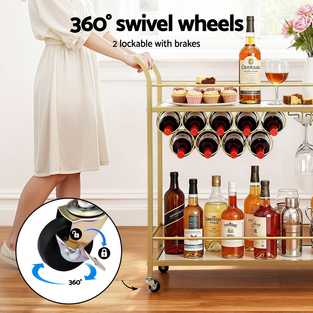 Bar Cart Drinks Trolley Serving Wine Rack Glass Holder Marble 85cm Gold