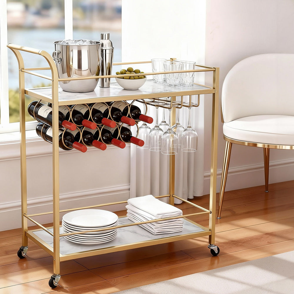 Bar Cart Drinks Trolley Serving Wine Rack Glass Holder Marble 85cm Gold