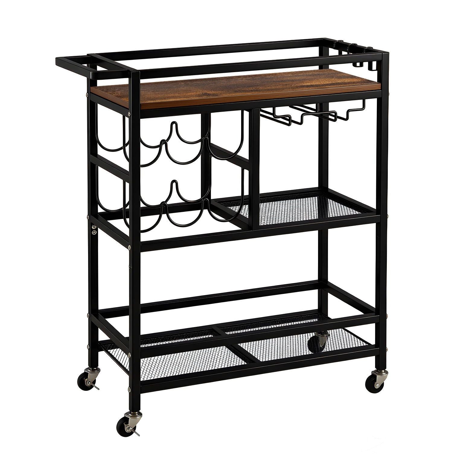 Bar Cart Drinks Trolley Serving Wine Rack Glass Holder 3 Hooks 72cm Black