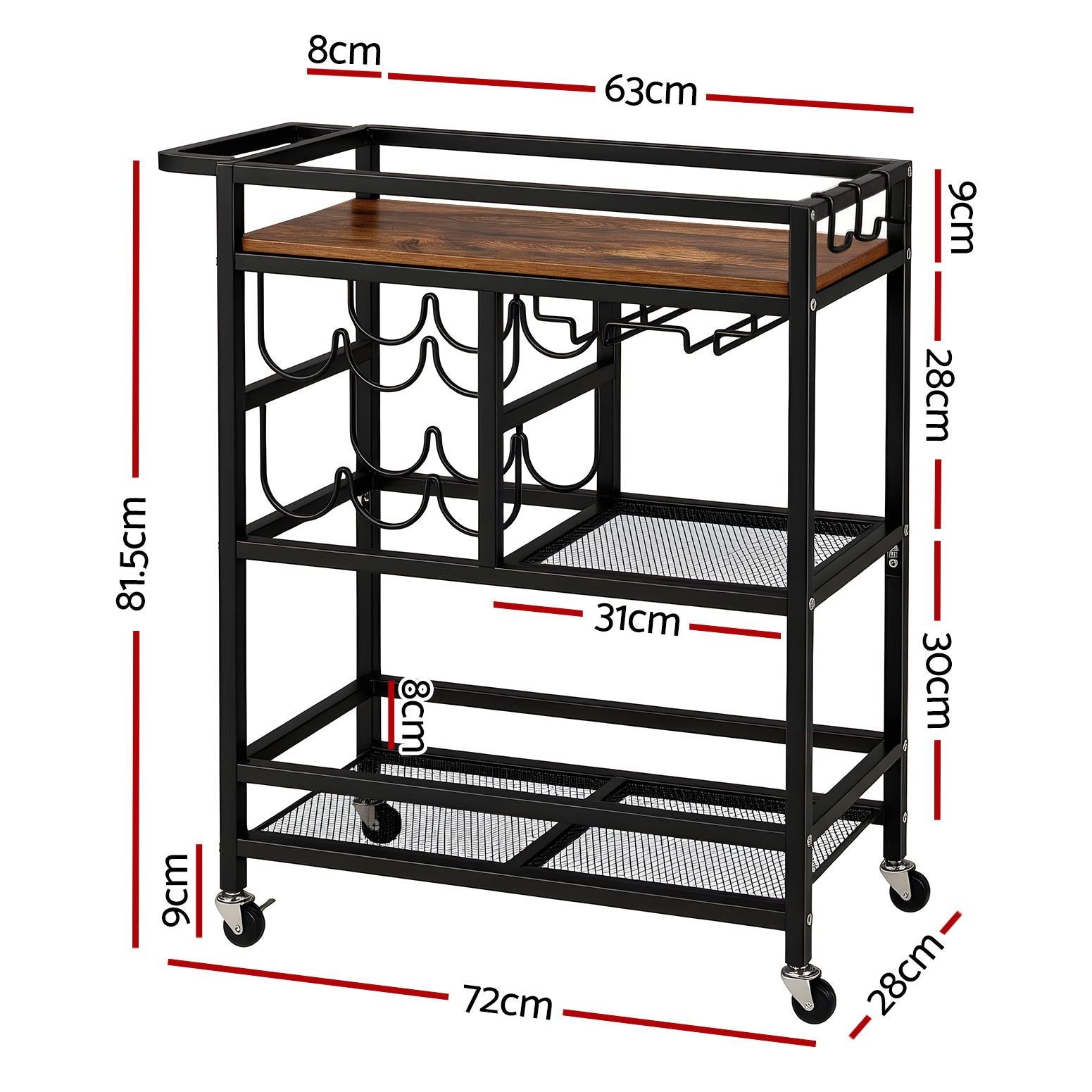 Bar Cart Drinks Trolley Serving Wine Rack Glass Holder 3 Hooks 72cm Black