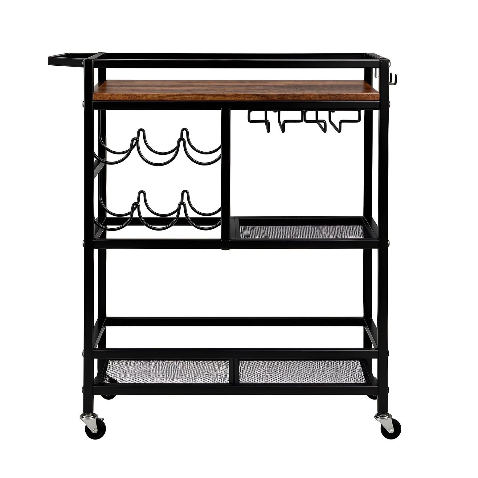 Bar Cart Drinks Trolley Serving Wine Rack Glass Holder 3 Hooks 72cm Black