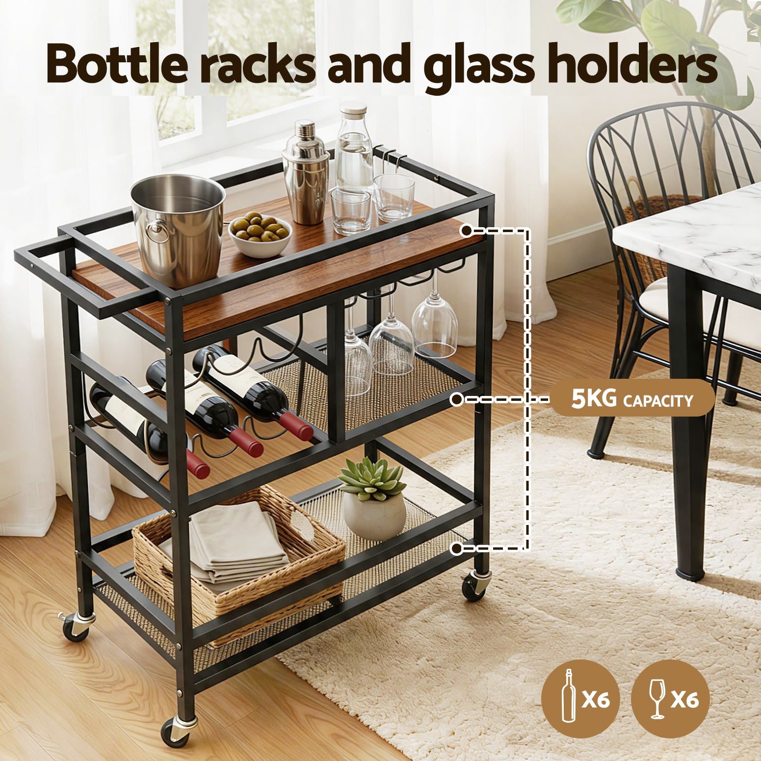 Bar Cart Drinks Trolley Serving Wine Rack Glass Holder 3 Hooks 72cm Black