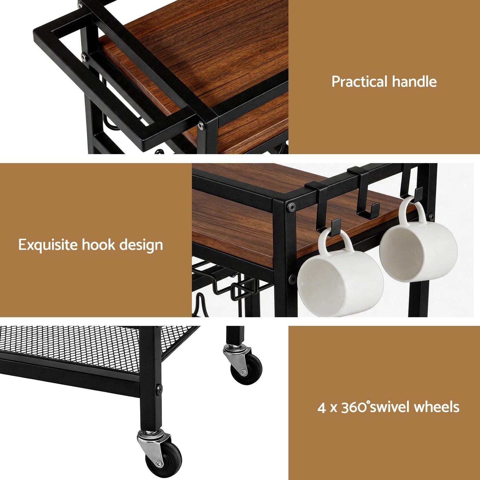 Bar Cart Drinks Trolley Serving Wine Rack Glass Holder 3 Hooks 72cm Black