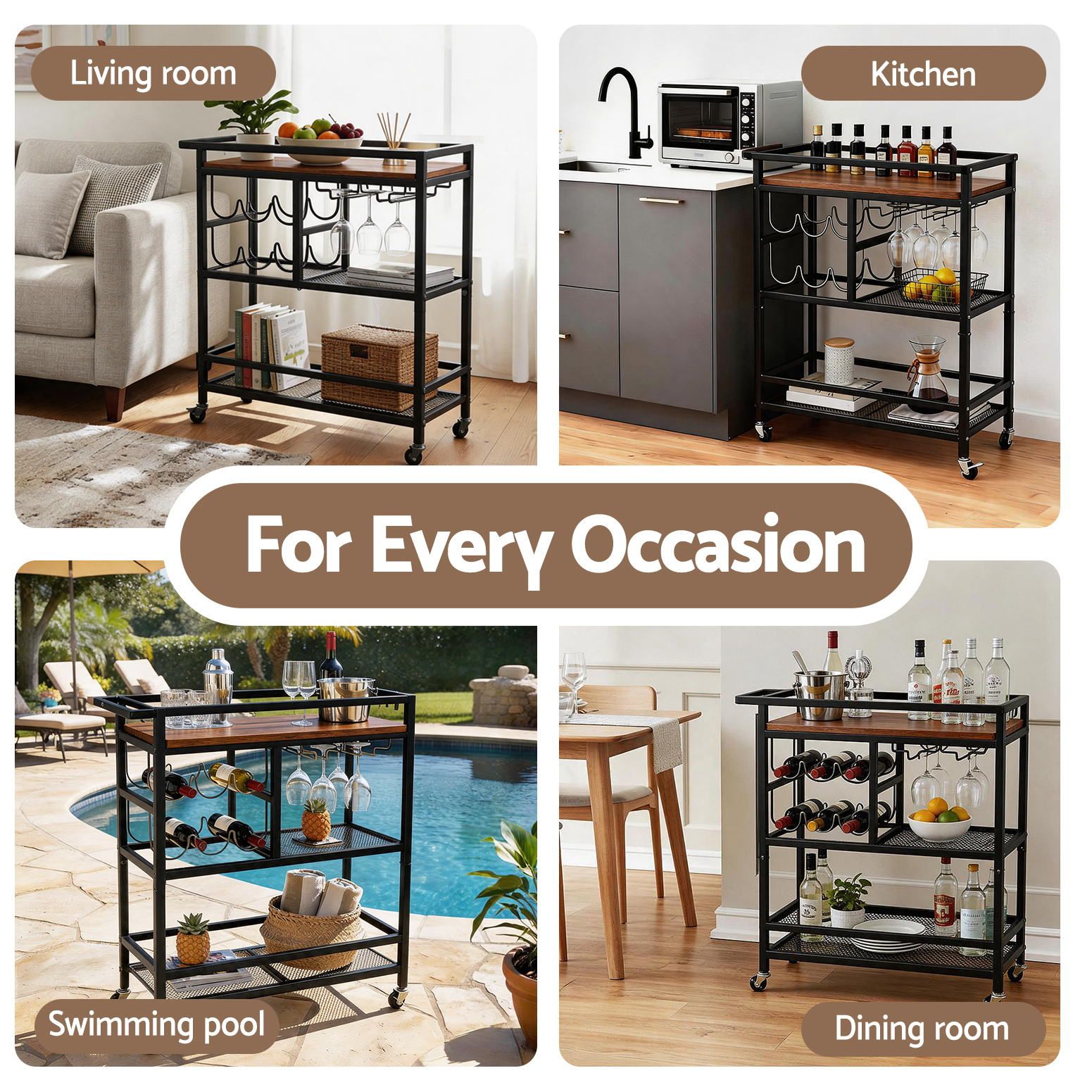 Bar Cart Drinks Trolley Serving Wine Rack Glass Holder 3 Hooks 72cm Black