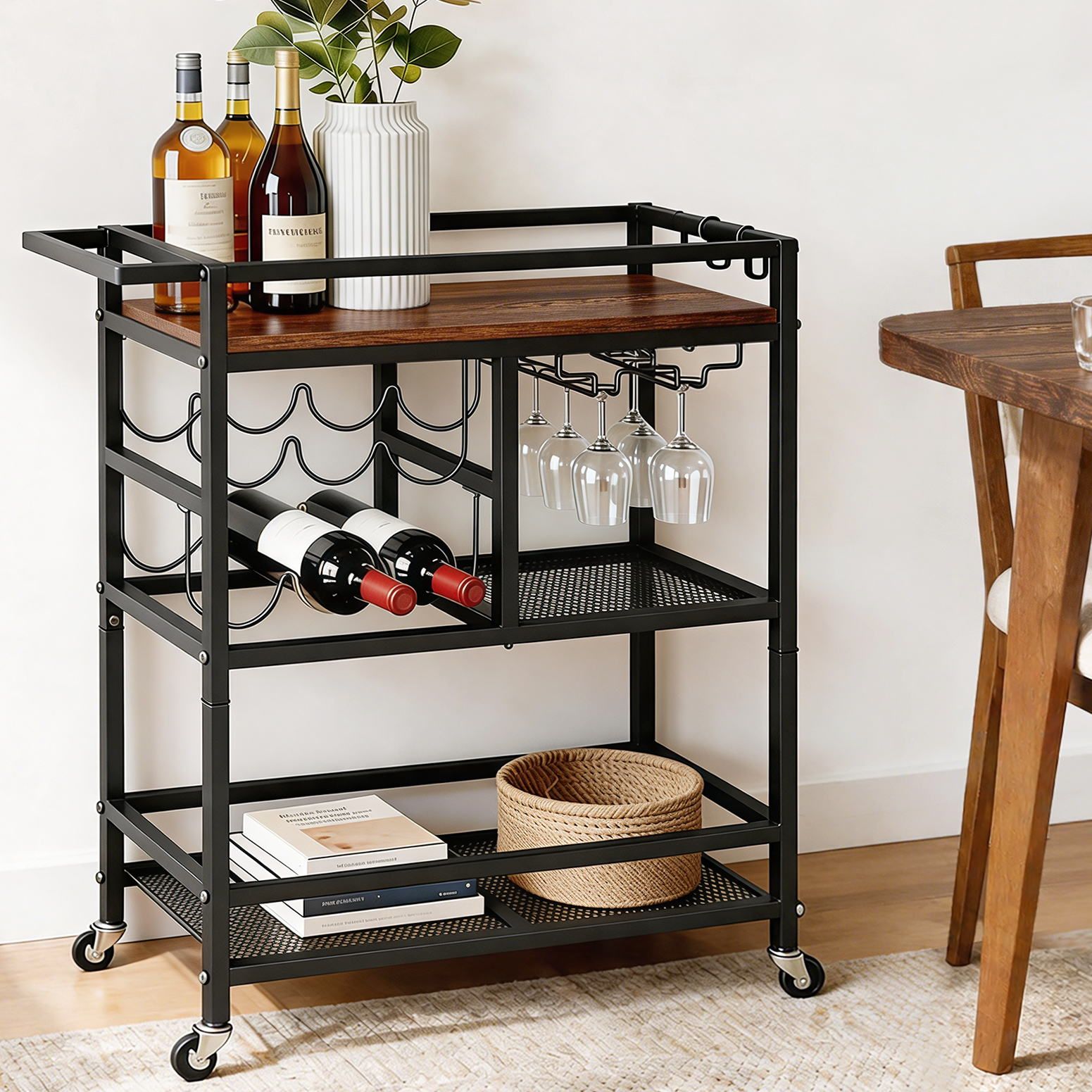 Bar Cart Drinks Trolley Serving Wine Rack Glass Holder 3 Hooks 72cm Black