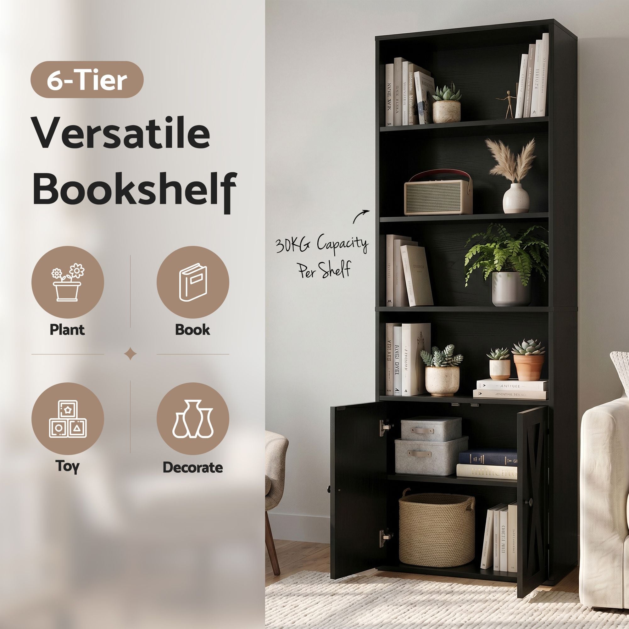 6-Tier Bookshelf Display Cabinet Storage Black