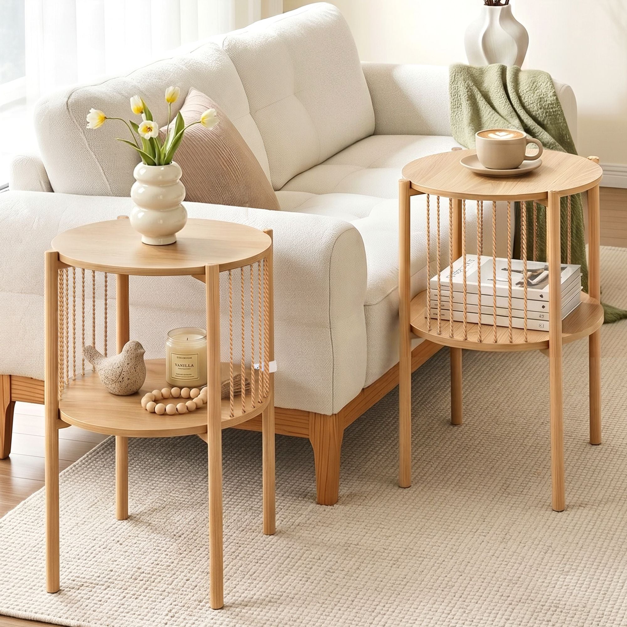 Set of 2 End Tables Coffee Table 2-Tier Round Wood