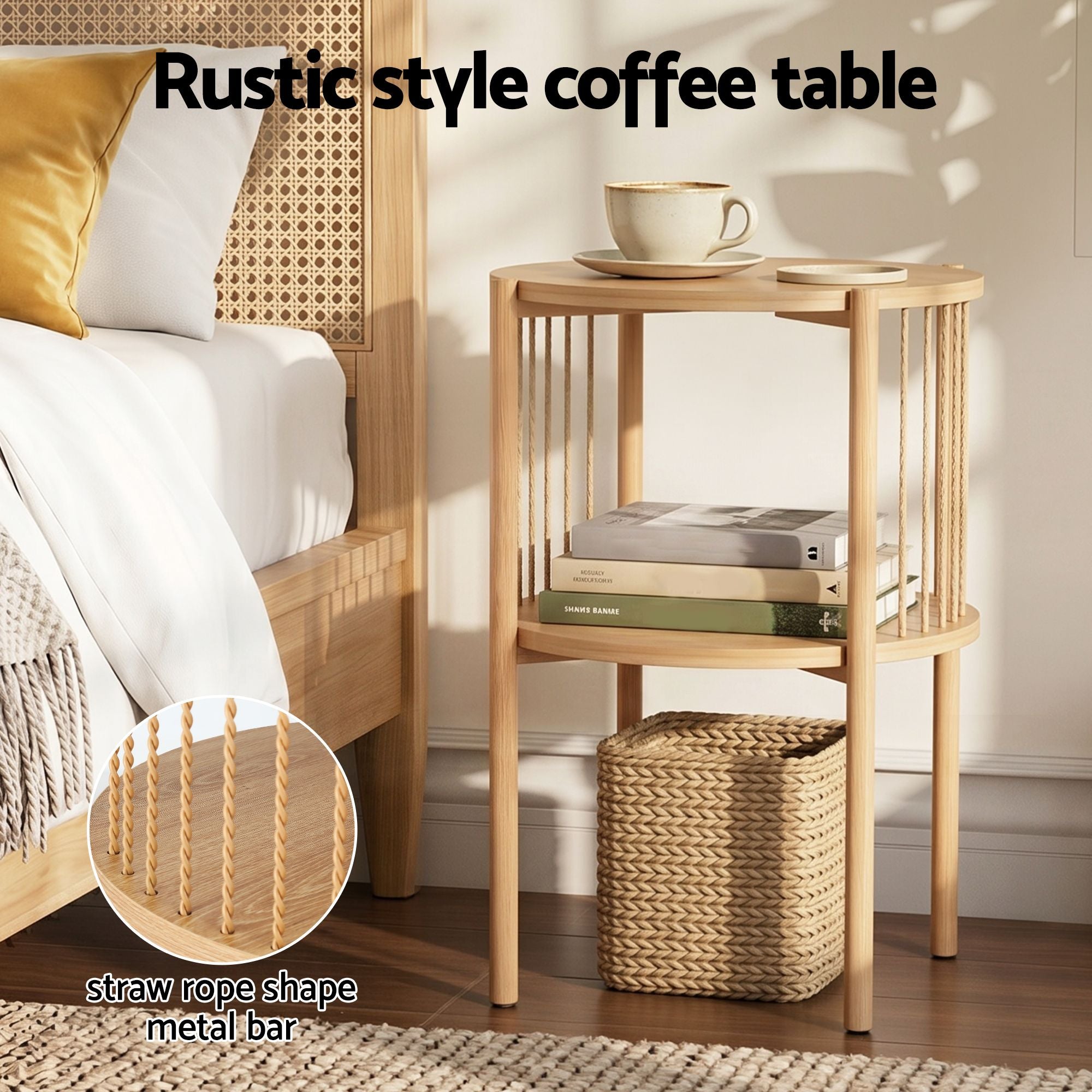 Set of 2 End Tables Coffee Table 2-Tier Round Wood