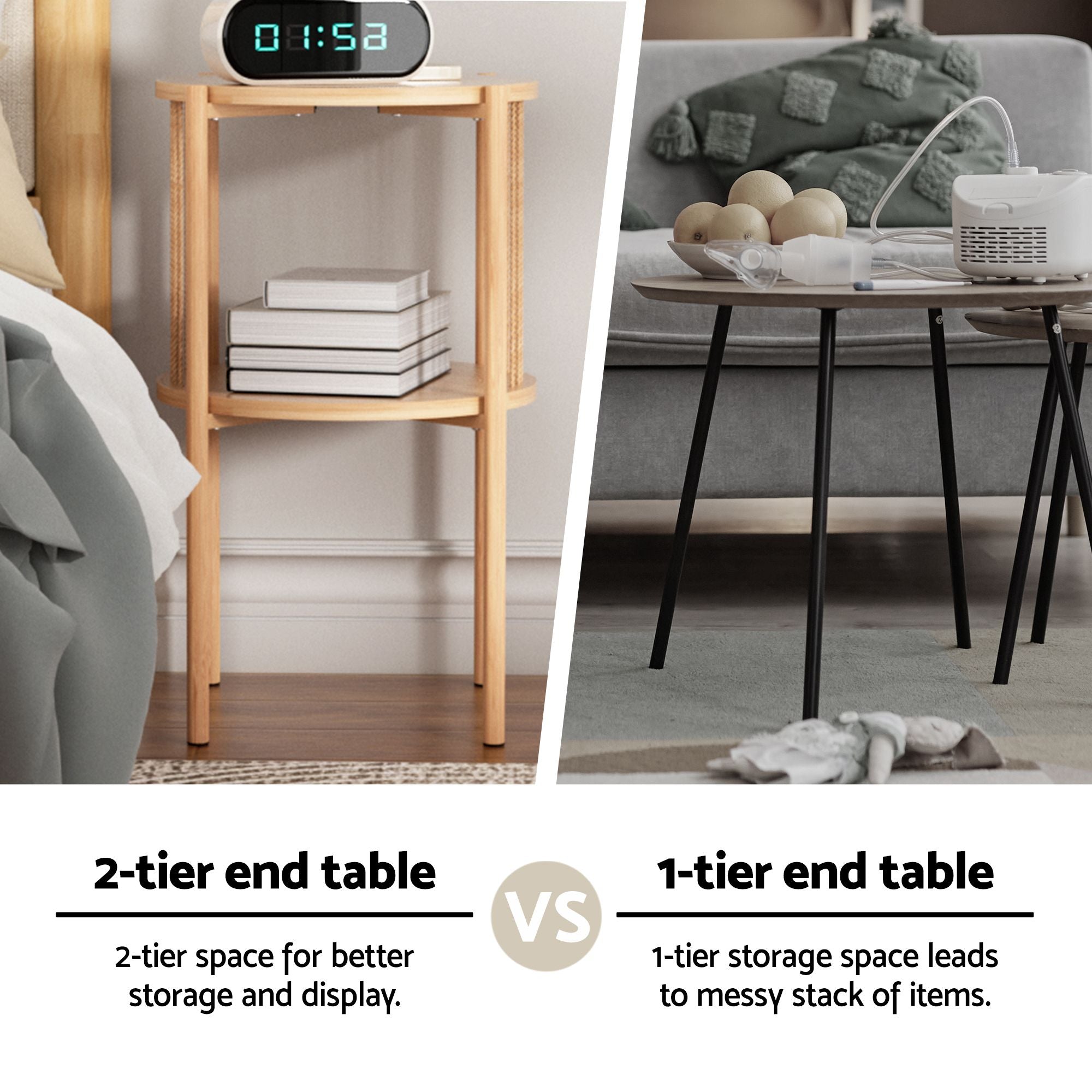 Set of 2 End Tables Coffee Table 2-Tier Round Wood