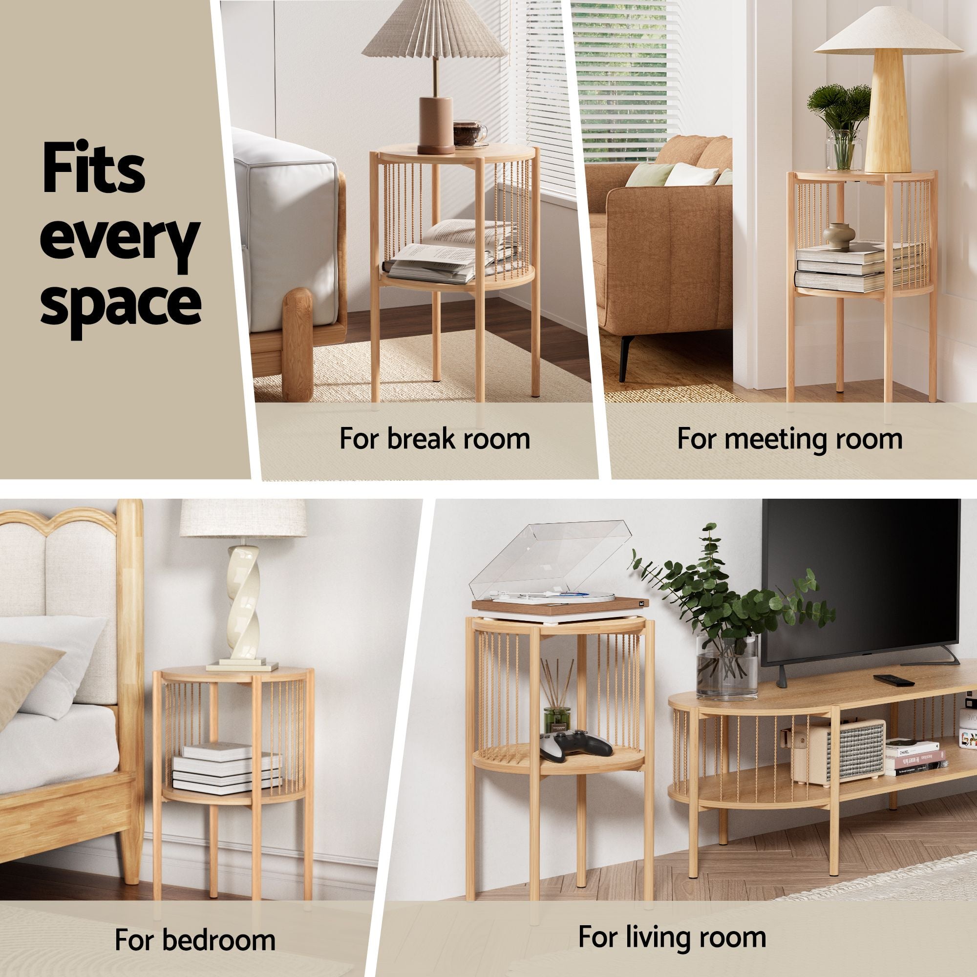 Set of 2 End Tables Coffee Table 2-Tier Round Wood